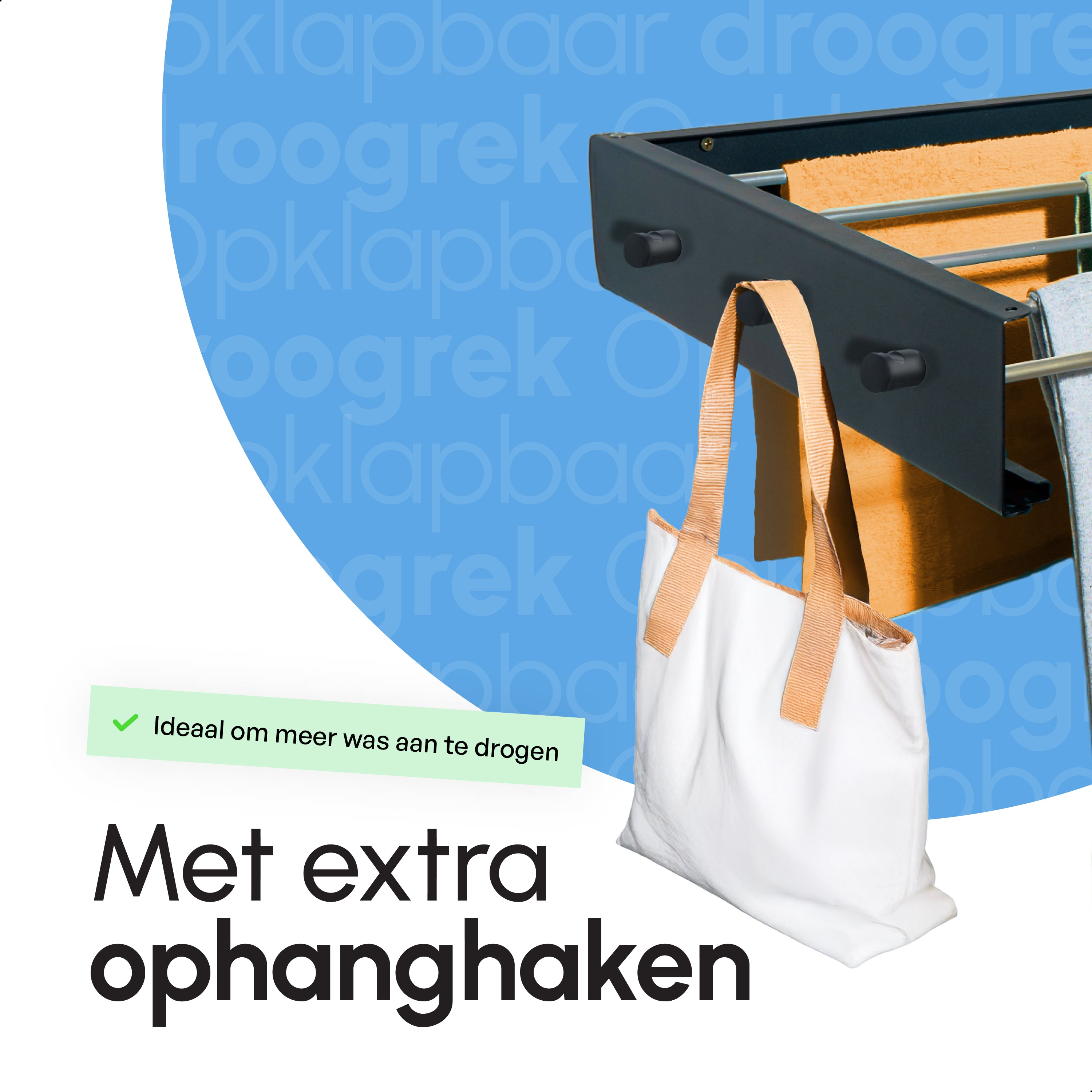 In - en uitklapbaar droogrek met Ophanghaken - Zwart - 6m Drooglengte