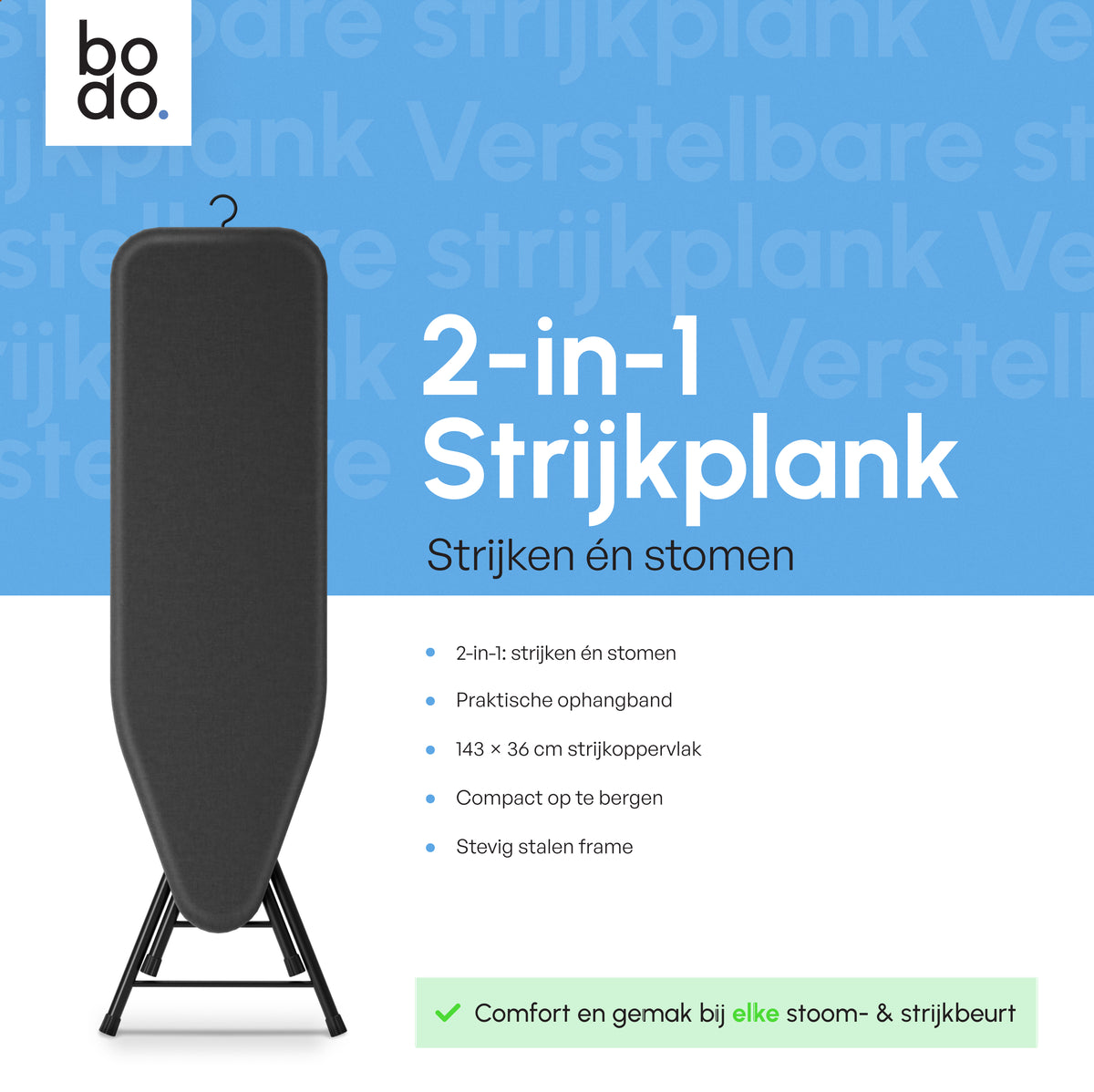 Strijkplank 135x46 cm - Verticaal Stomen - Ascend Flex - Zwart