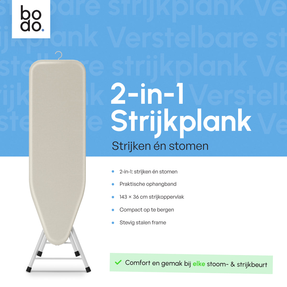 Strijkplank 135x46 cm - Verticaal Stomen - Ascend Flex - Crème