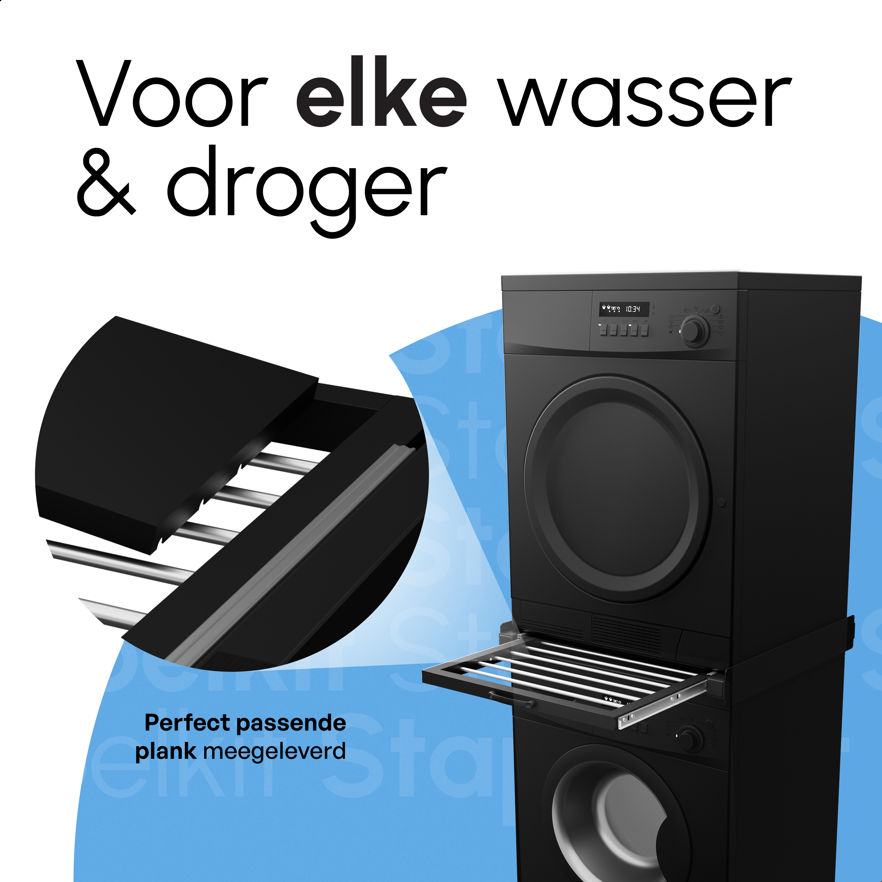 Stapelkit voor Wasmachine en Droger - Stapelkit met Handdoekhouder - Inlegbare Plank - Zwart