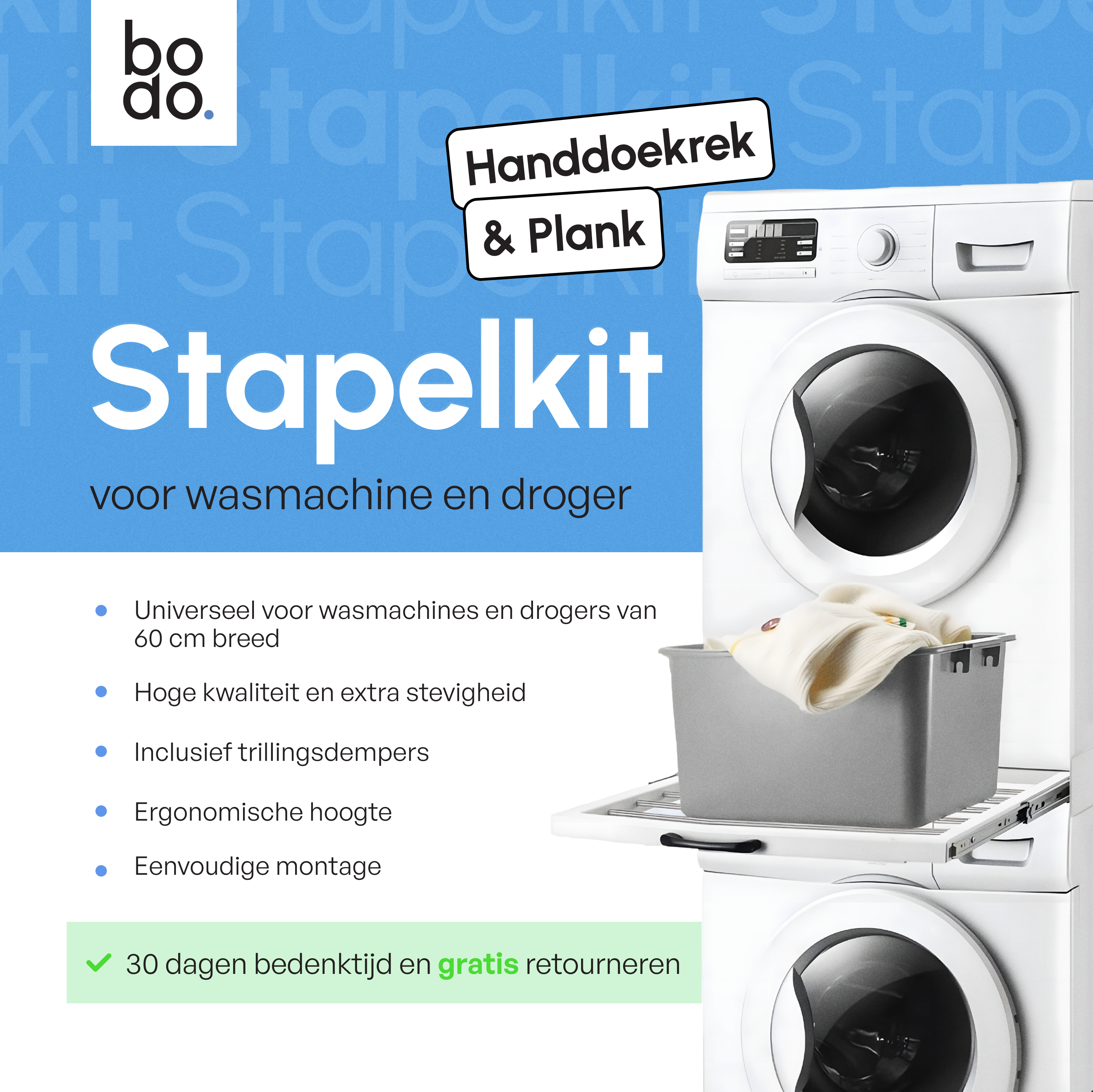 Stapelkit met Handdoekhouder en Inlegbare Plank - Wasmachine en Droger - Wit
