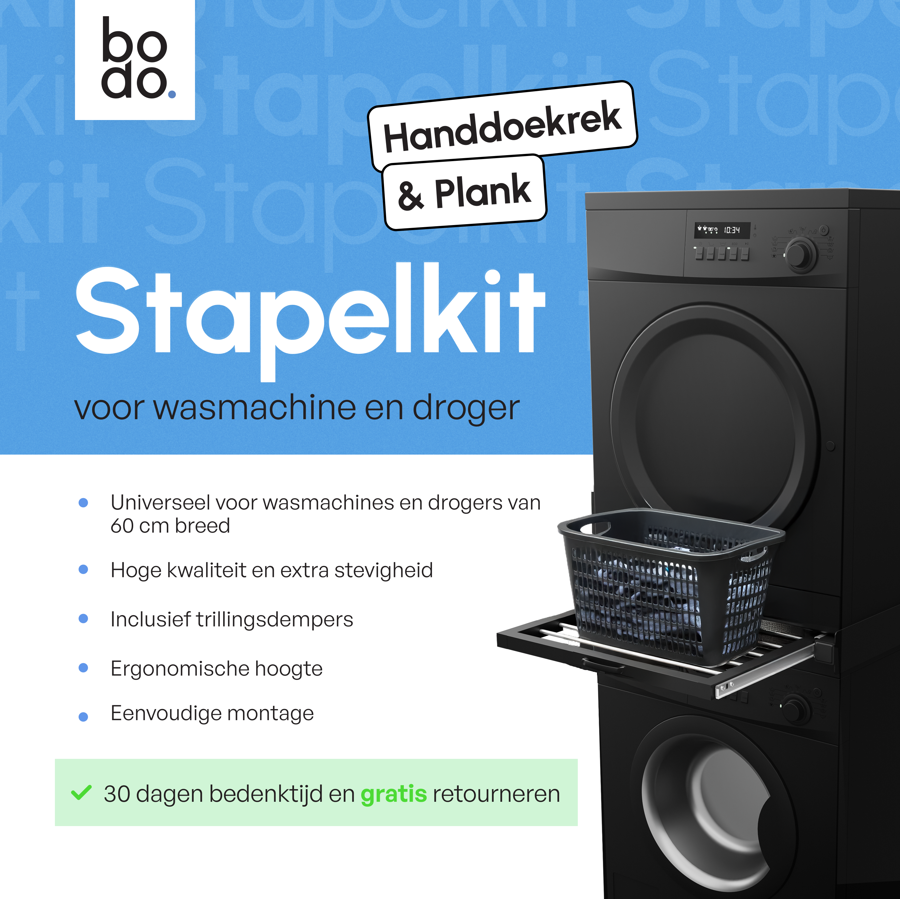Stapelkit voor Wasmachine en Droger - Stapelkit met Handdoekhouder - Inlegbare Plank - Zwart