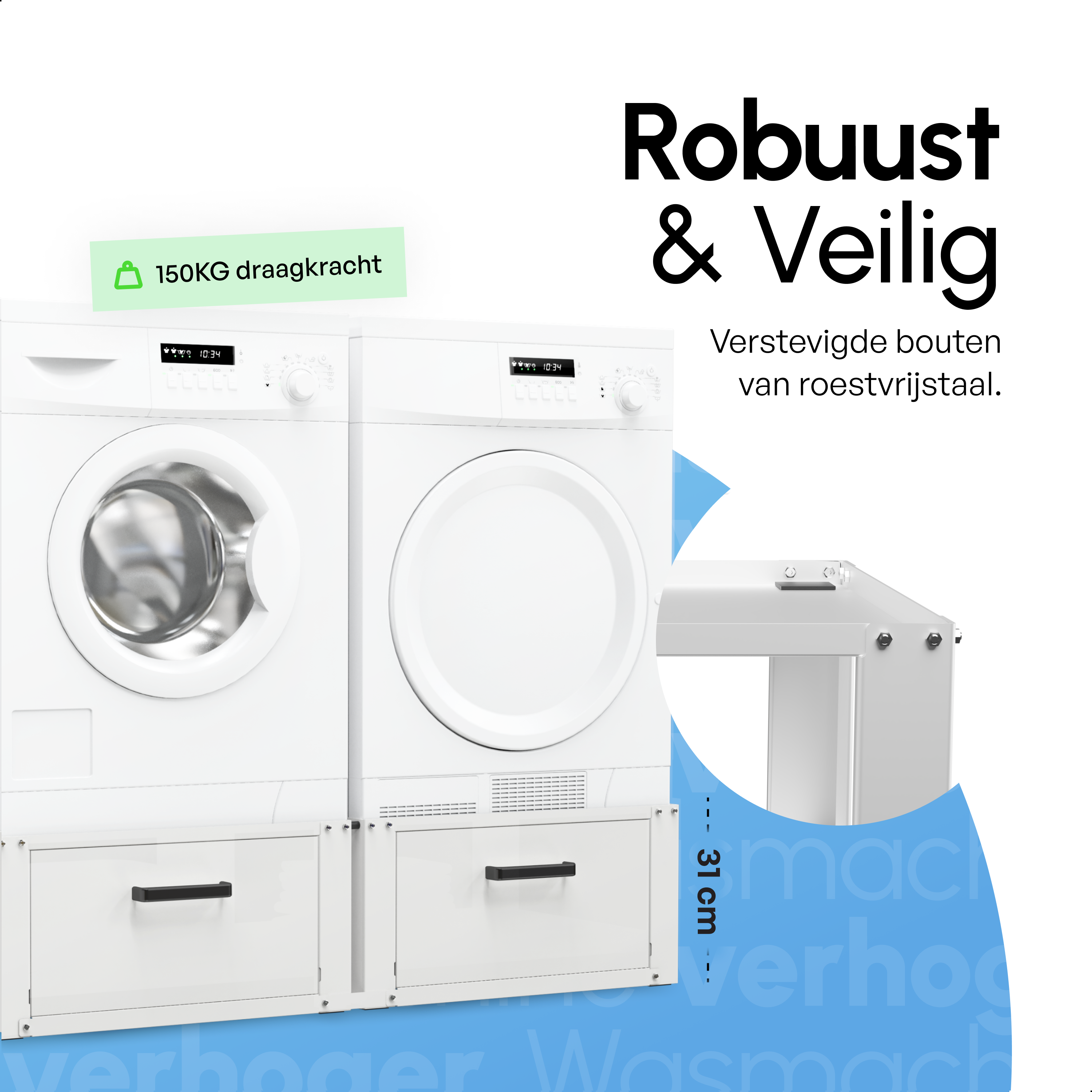 Wasmachine Verhoger - Dubbele Verhoger Met Opberglade - Wit