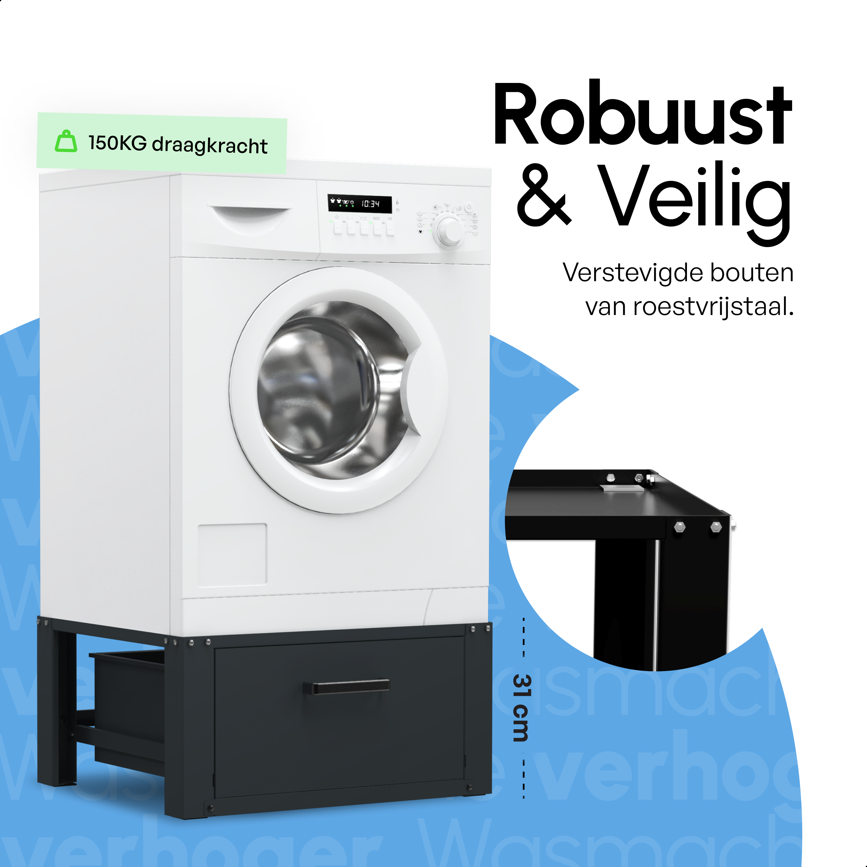 Wasmachine Verhoger Met Opberglade - Zwart