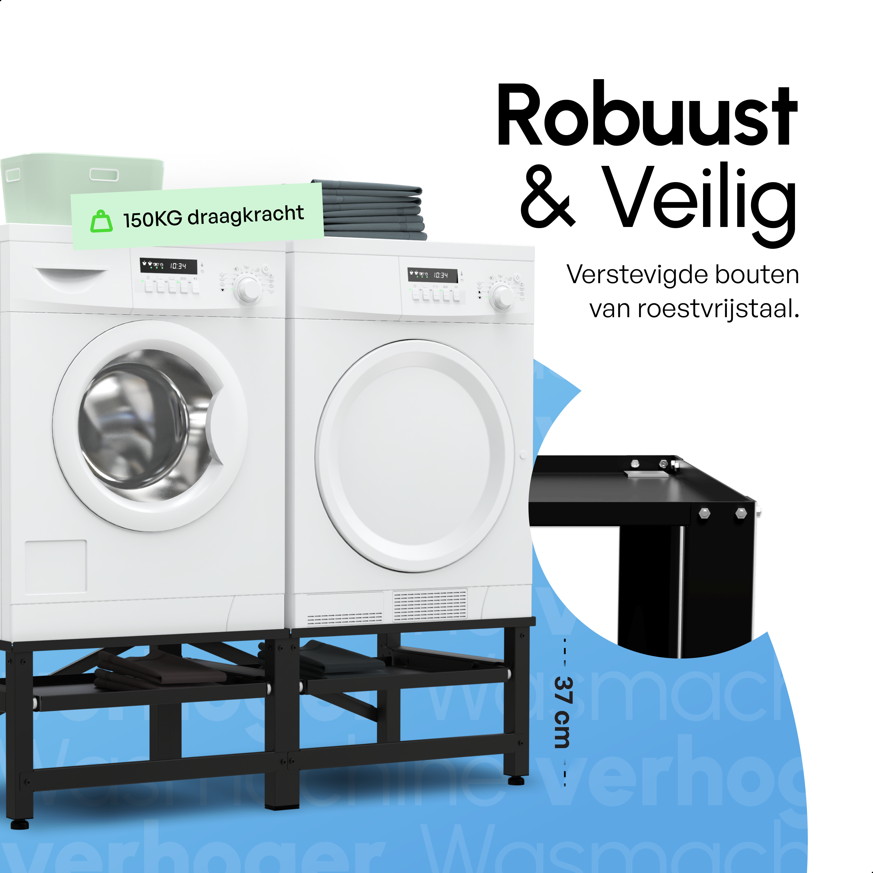 Wasmachine Verhoger - Dubbele Verhoger Met Uitschuifbare plank - Zwart