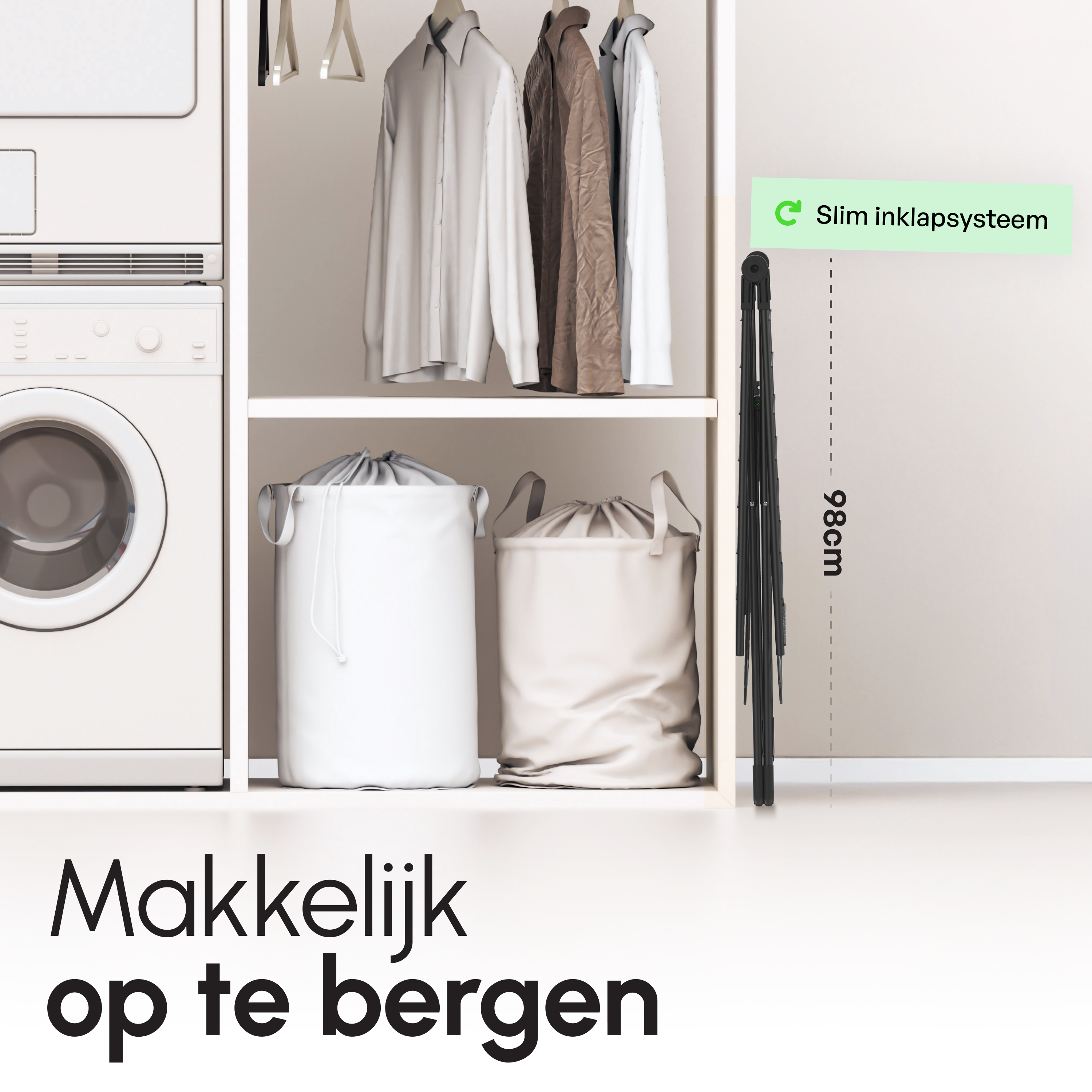 Inklapbaar Droogrek met Zijvleugels - 27m Drooglengte - Zwart