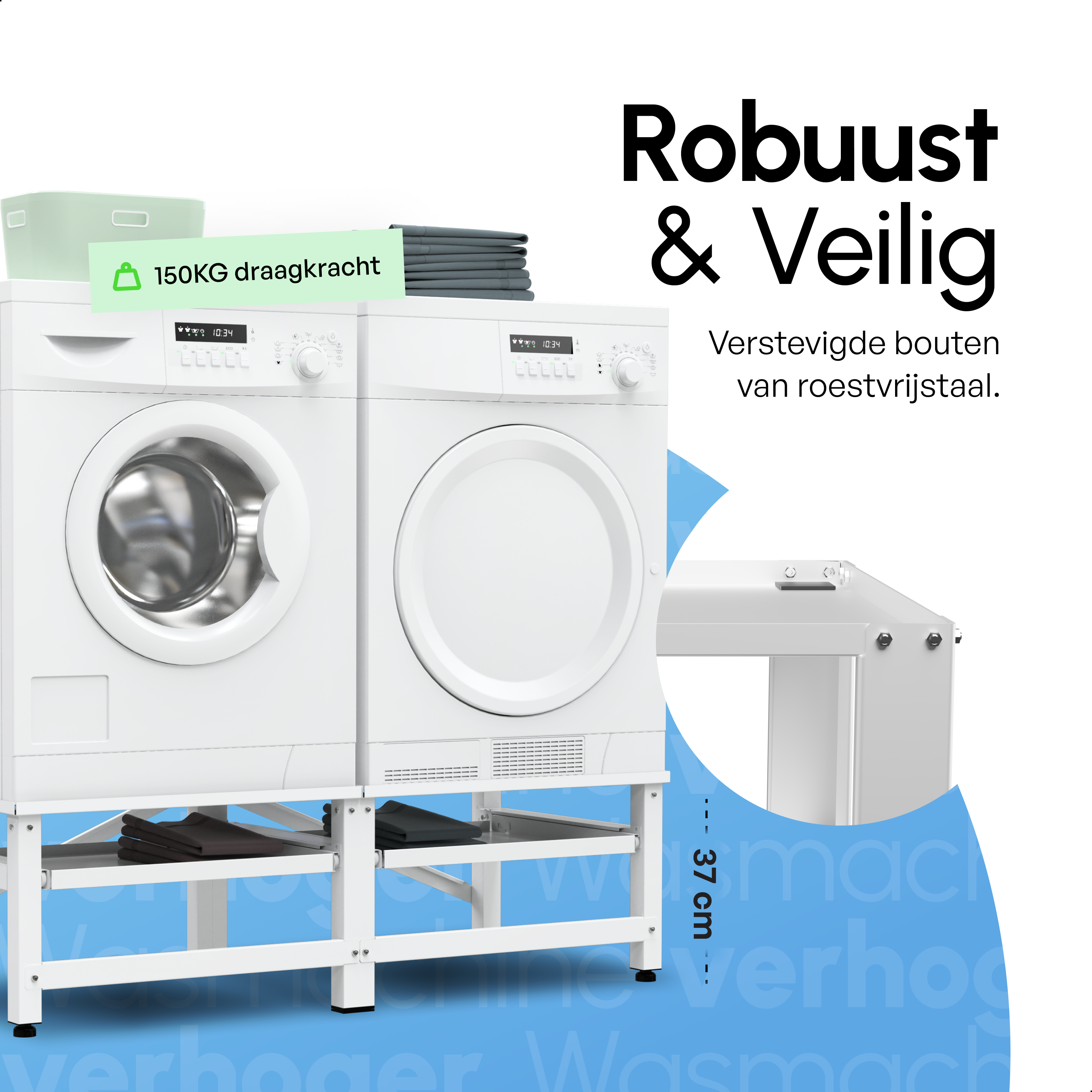 Wasmachine Verhoger - Dubbele Verhoger Met Uitschuifbare plank - Wit