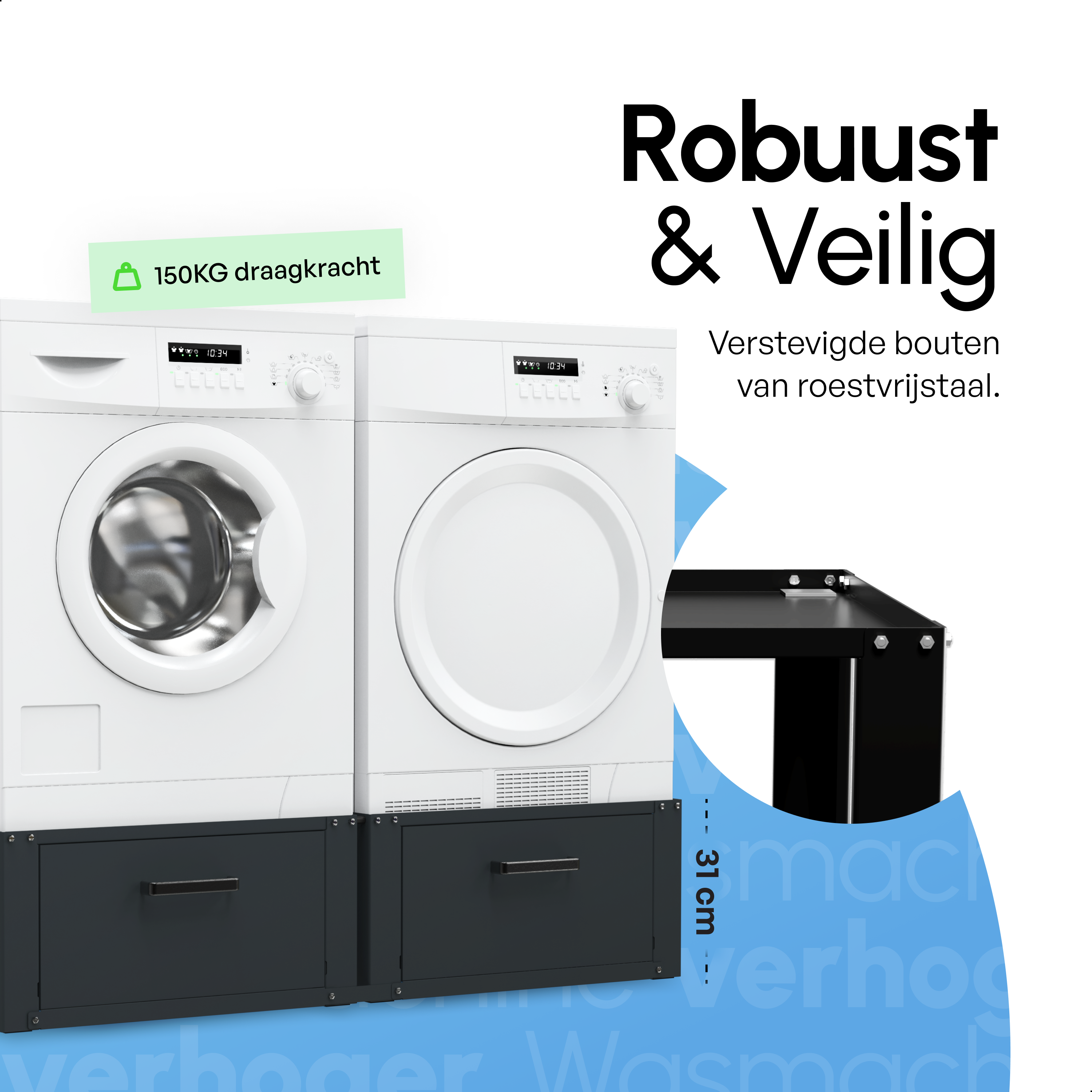 Wasmachine Verhoger - Dubbele Verhoger Met Opberglade - Zwart