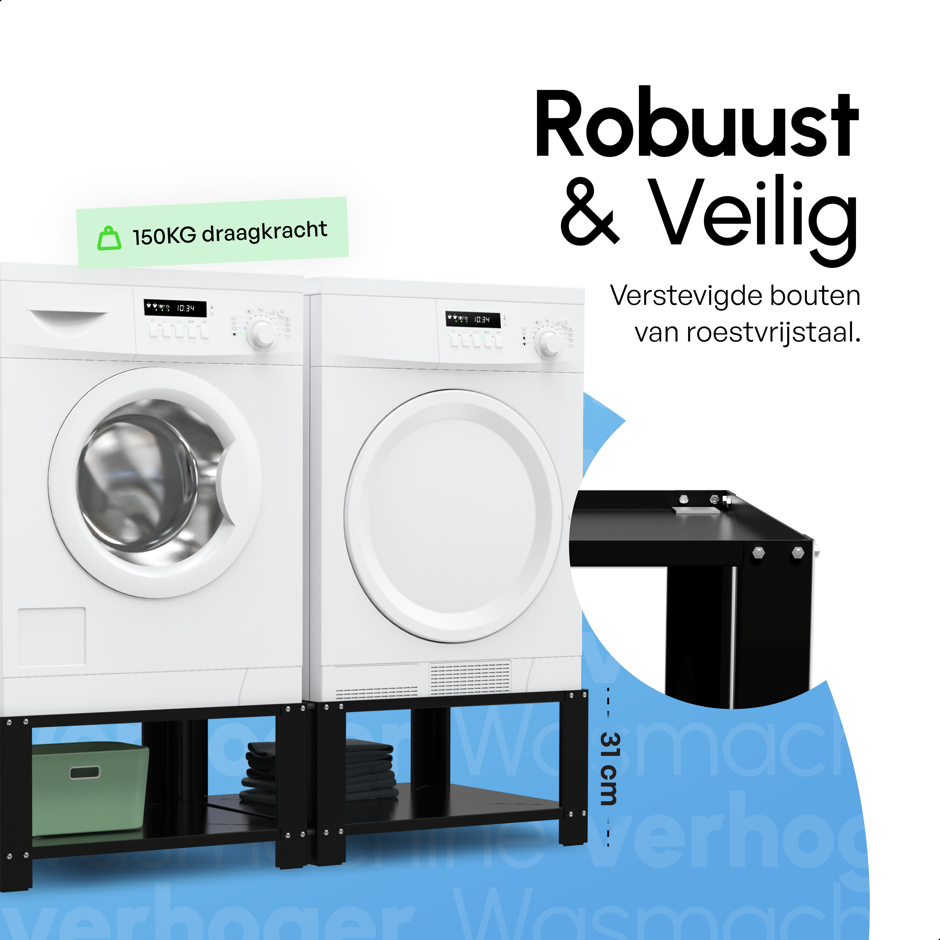 Wasmachine Verhoger - Dubbele Verhoger Met Legplank - Zwart