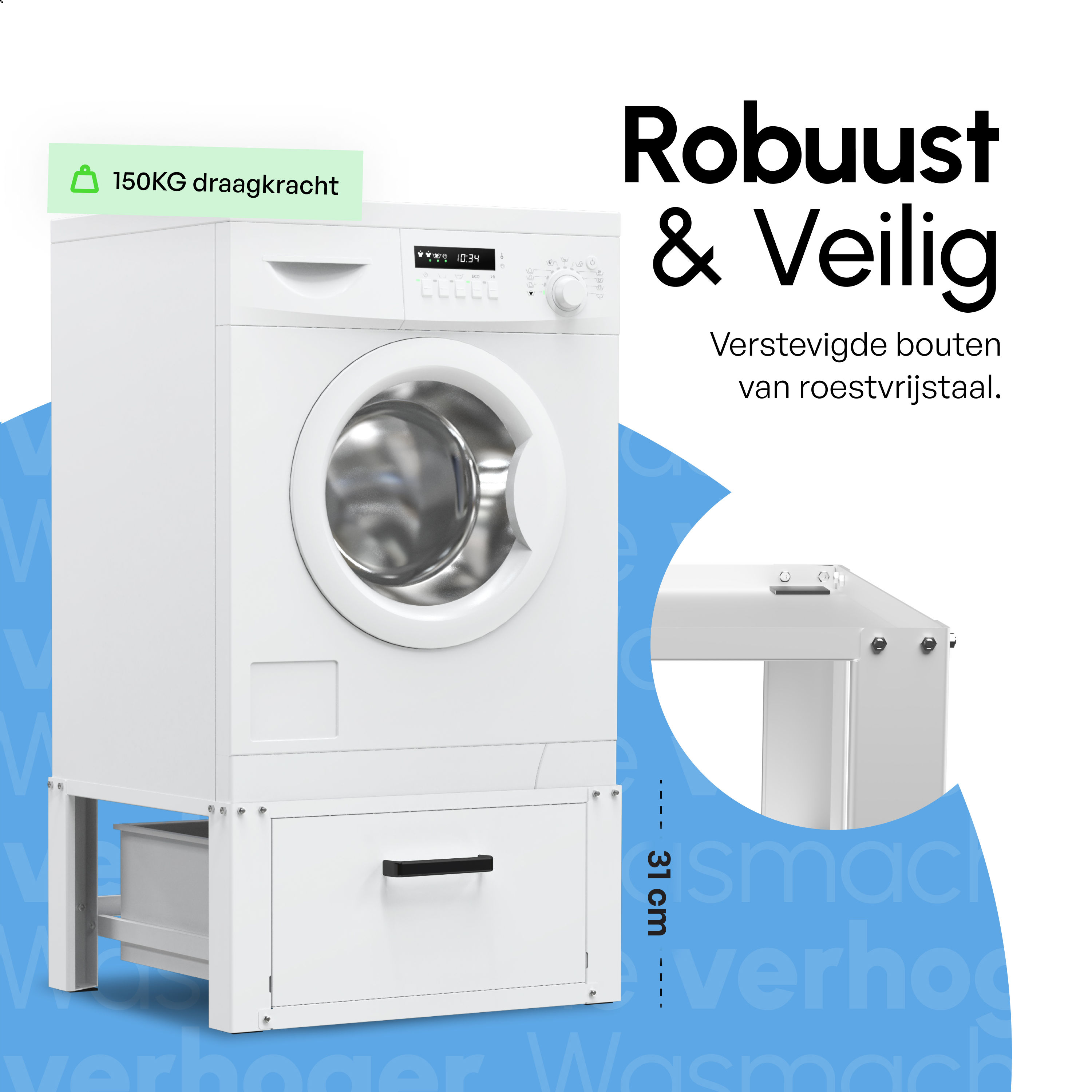 Wasmachine Verhoger Met Opberglade - Wit