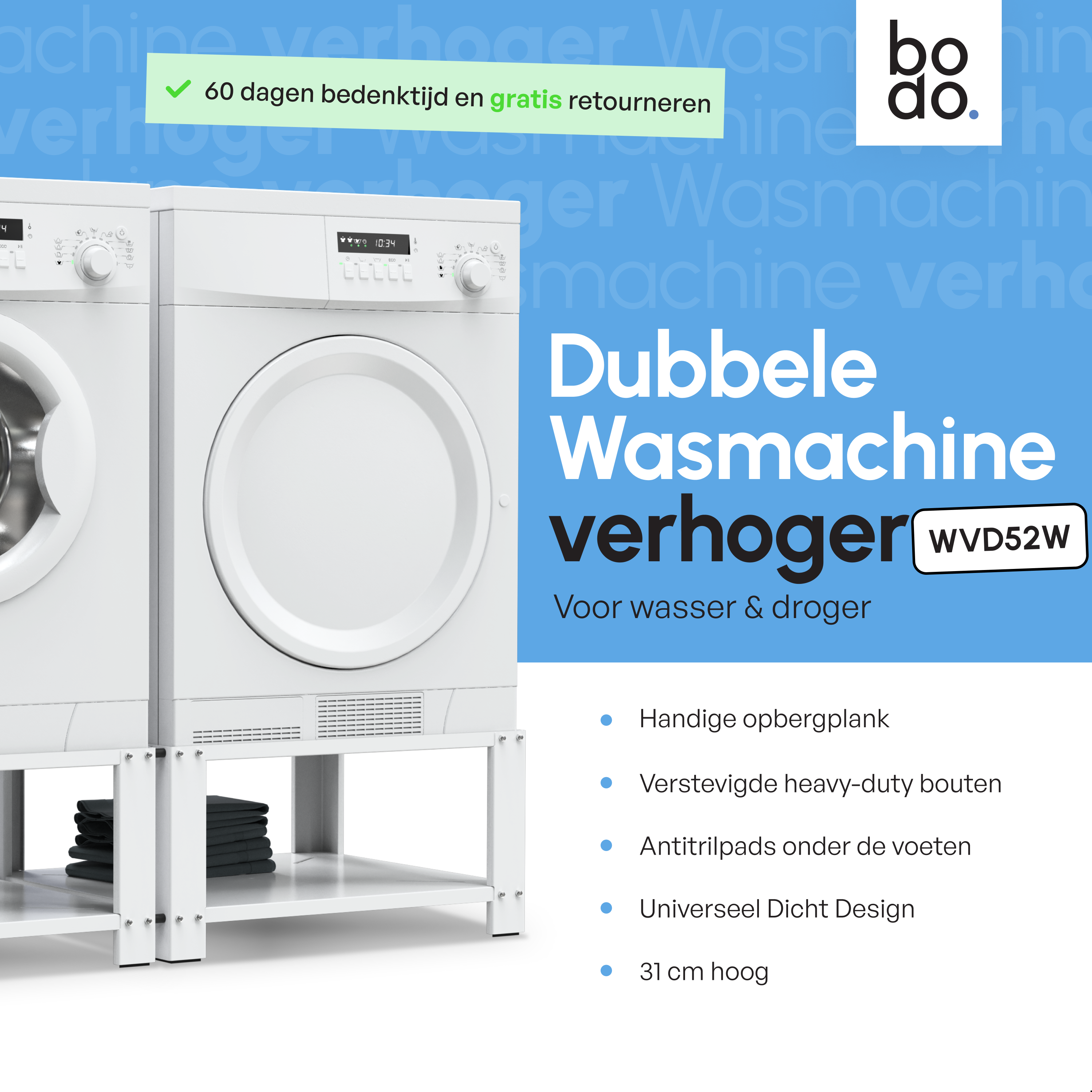 Wasmachine Verhoger - Dubbele Verhoger Met Legplank - Wit