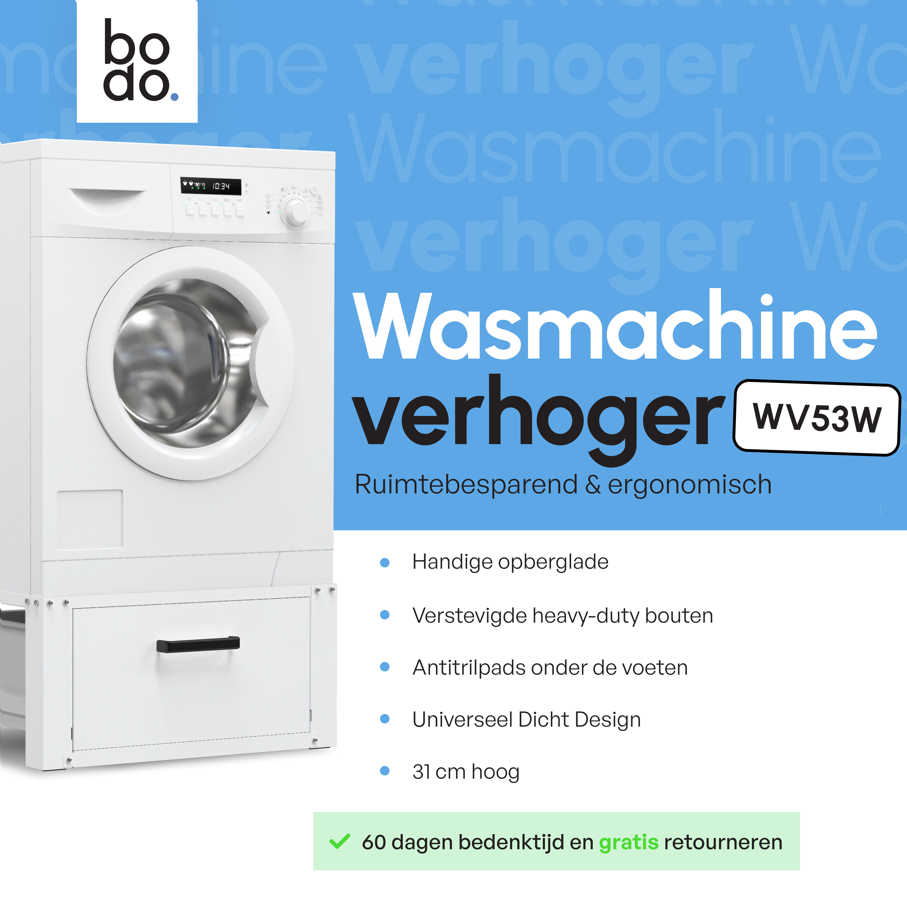 Wasmachine Verhoger Met Opberglade - Wit