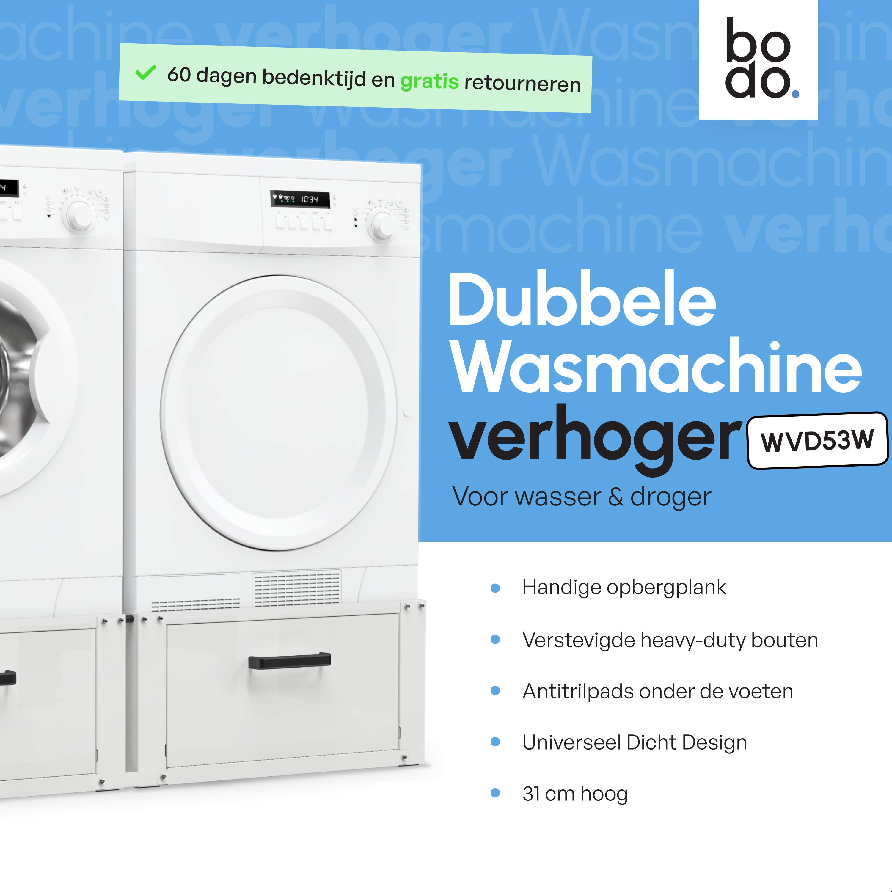 Wasmachine Verhoger - Dubbele Verhoger Met Opberglade - Wit