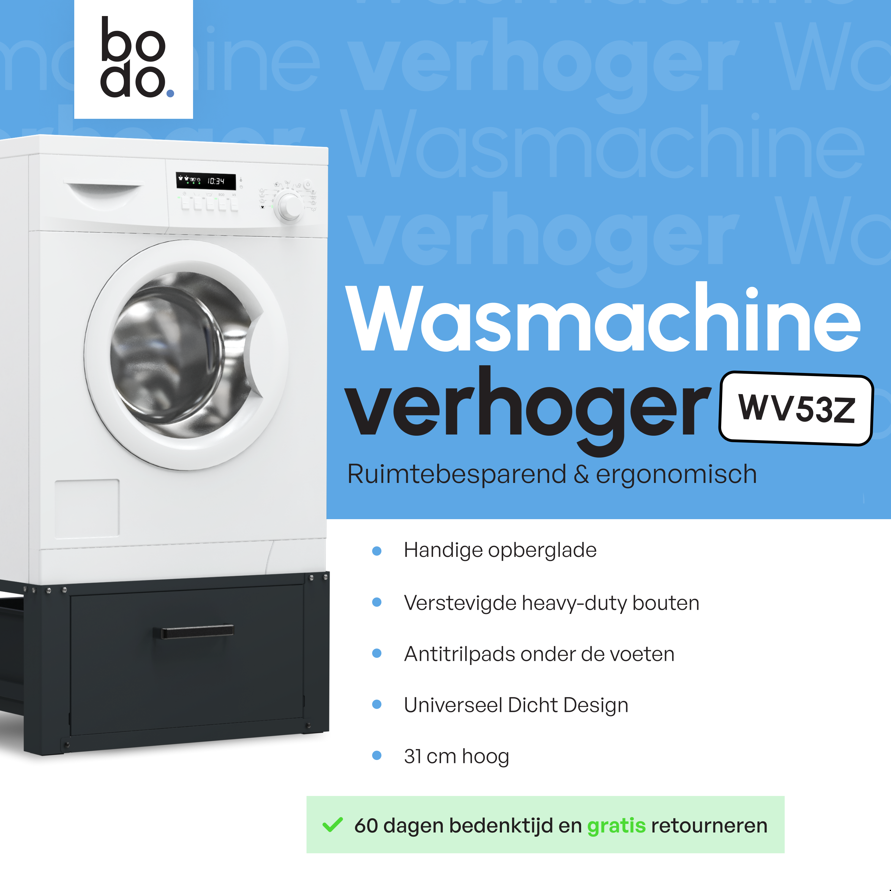 Wasmachine Verhoger Met Opberglade - Zwart