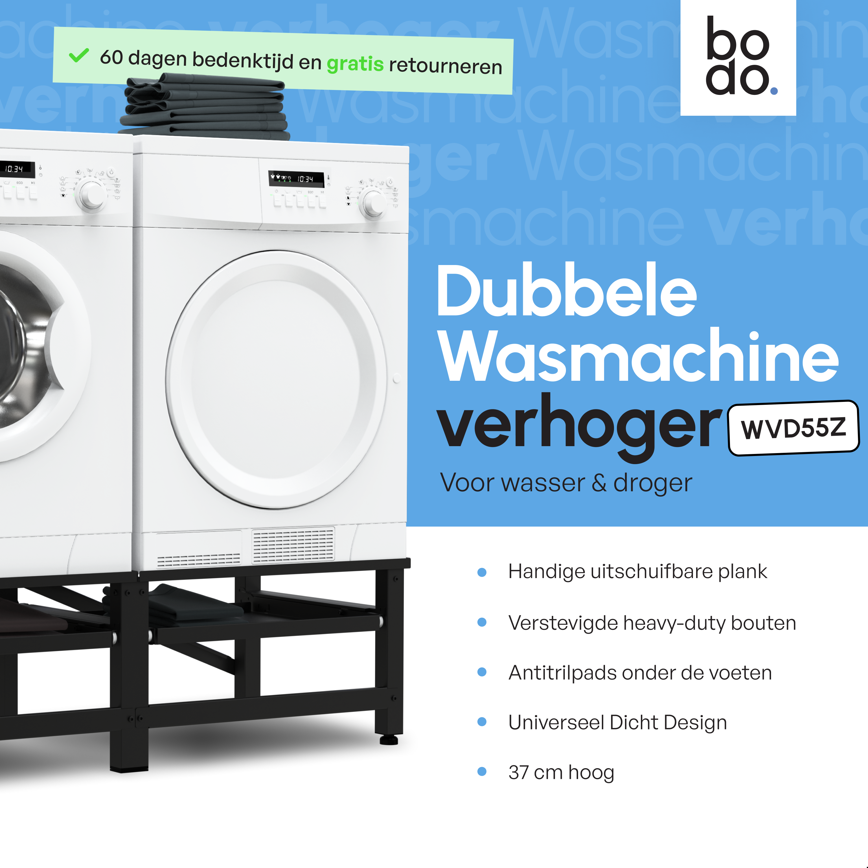 Wasmachine Verhoger - Dubbele Verhoger Met Uitschuifbare plank - Zwart