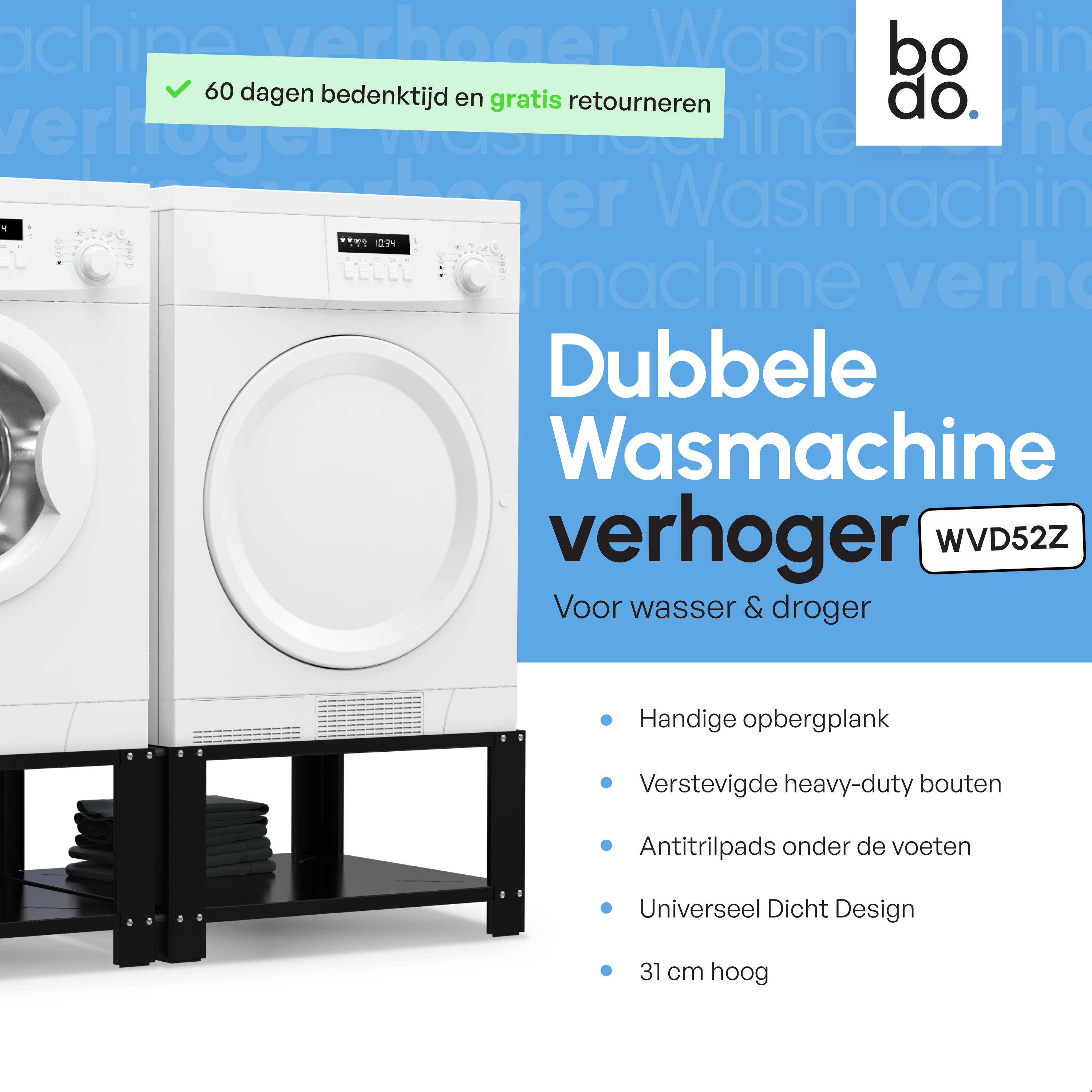 Wasmachine Verhoger - Dubbele Verhoger Met Legplank - Zwart