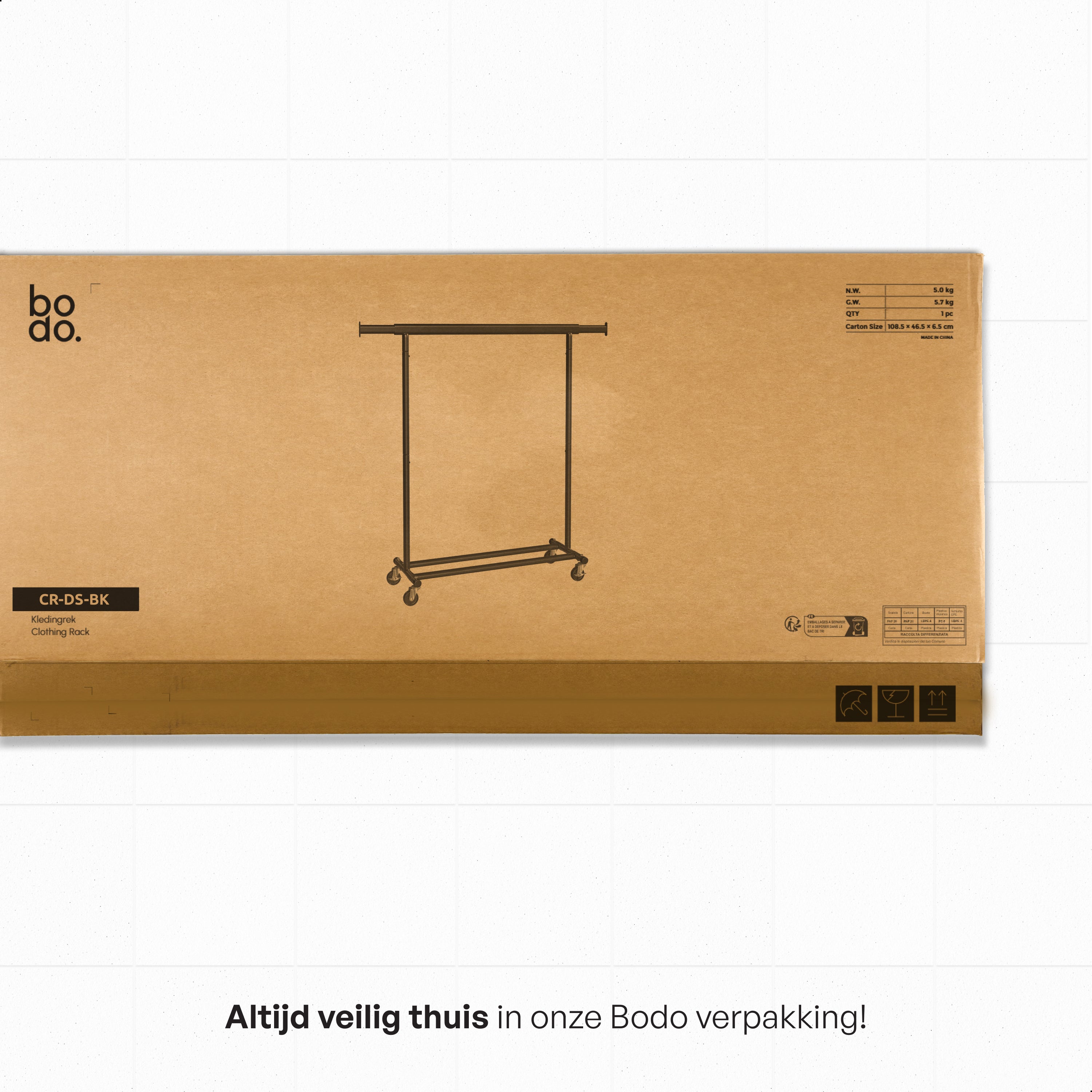 Kledingrek op Wieltjes - Stalen Kledingstang - Opbergruimte - Zwart