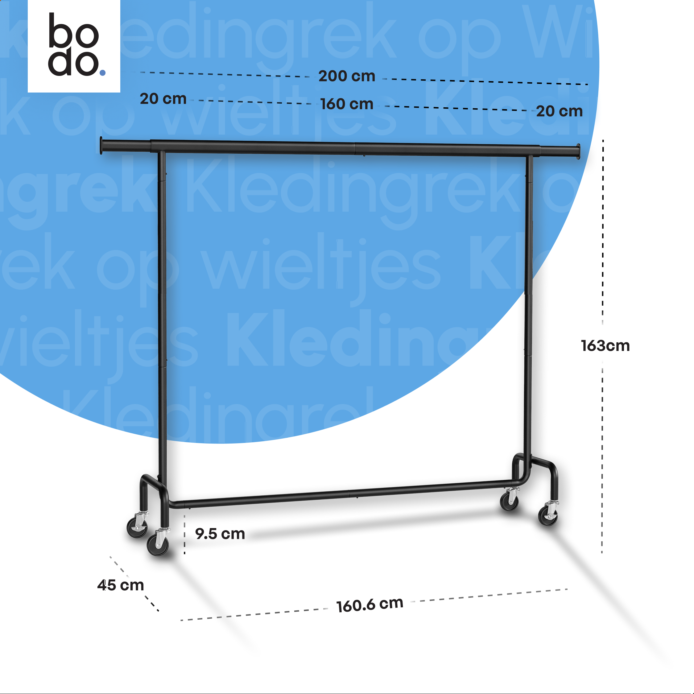Kledingrek op Wieltjes - Extra Breed - Stalen Kledingstang - Zwart