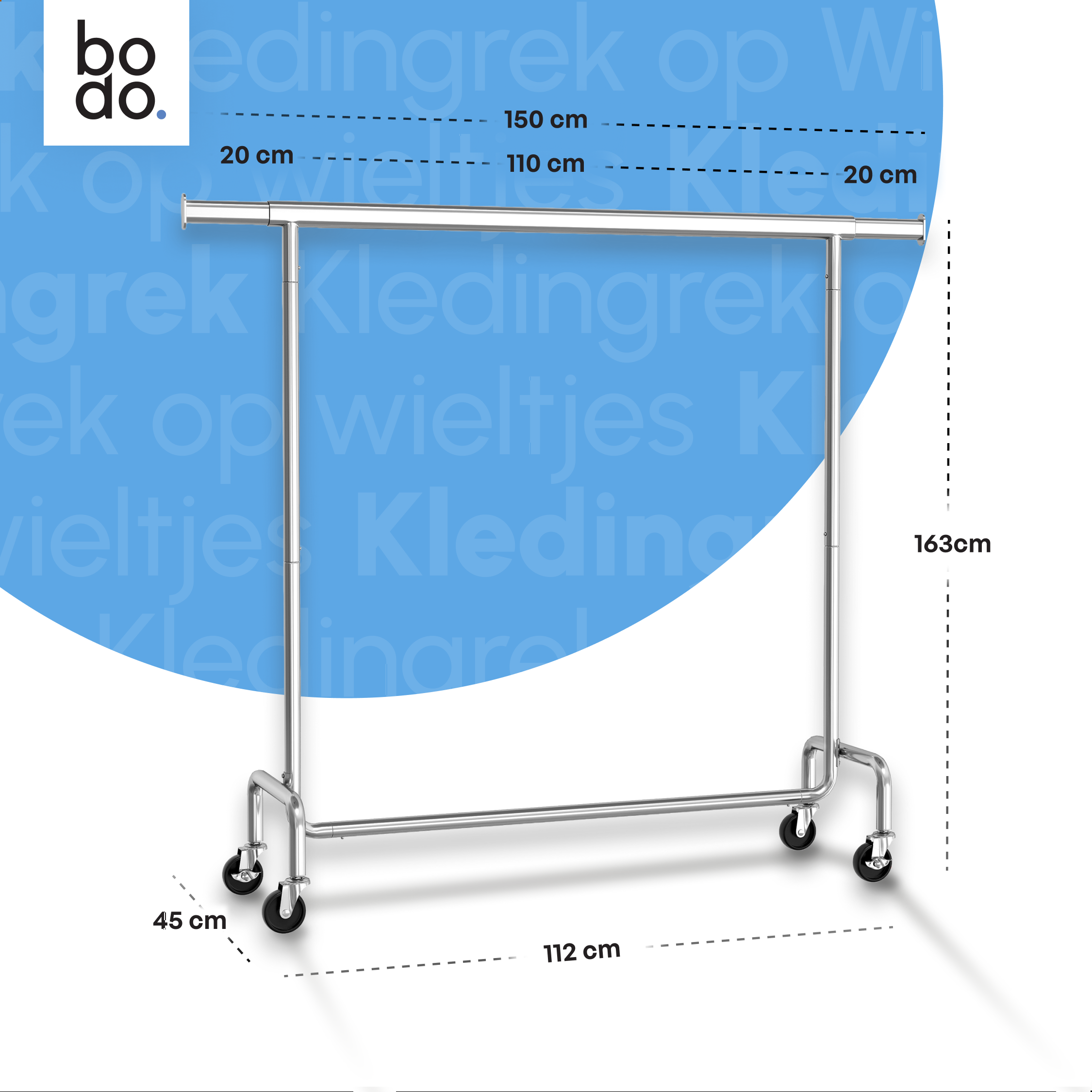 Kledingrek op Wieltjes - Stalen Kledingstang - 130 kg - Zilver