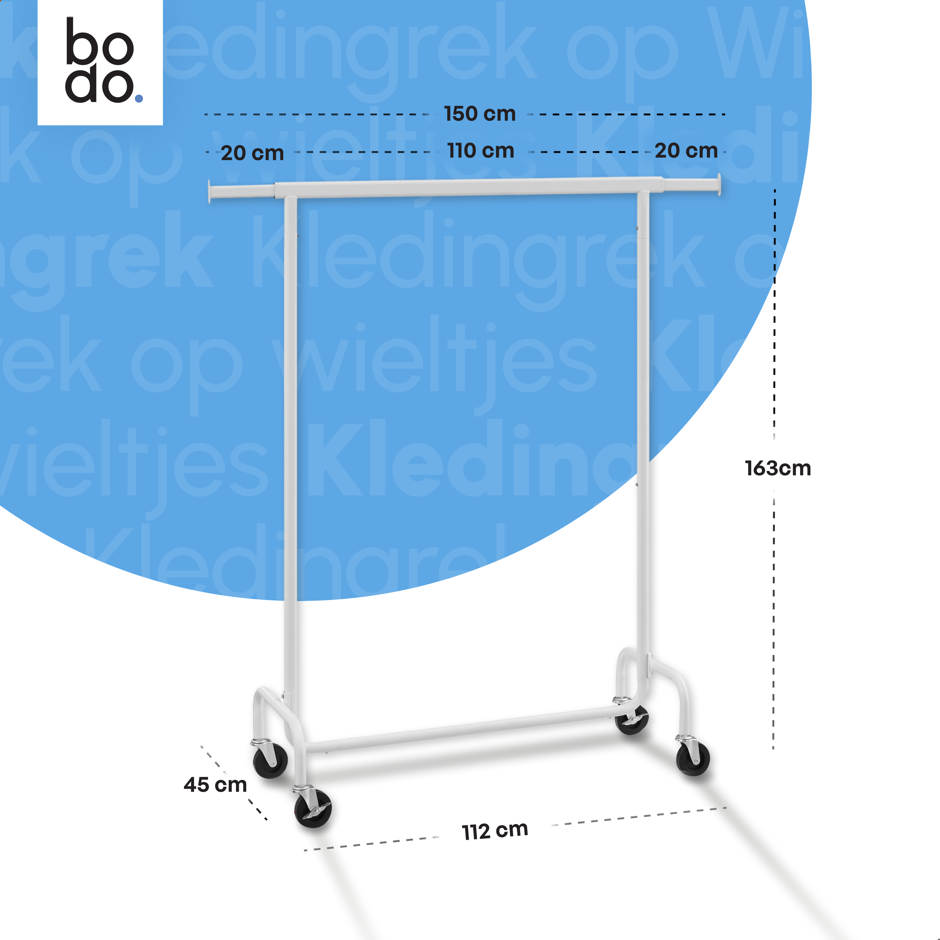 Kledingrek op Wieltjes - Stalen Kledingstang - 130 kg - Wit