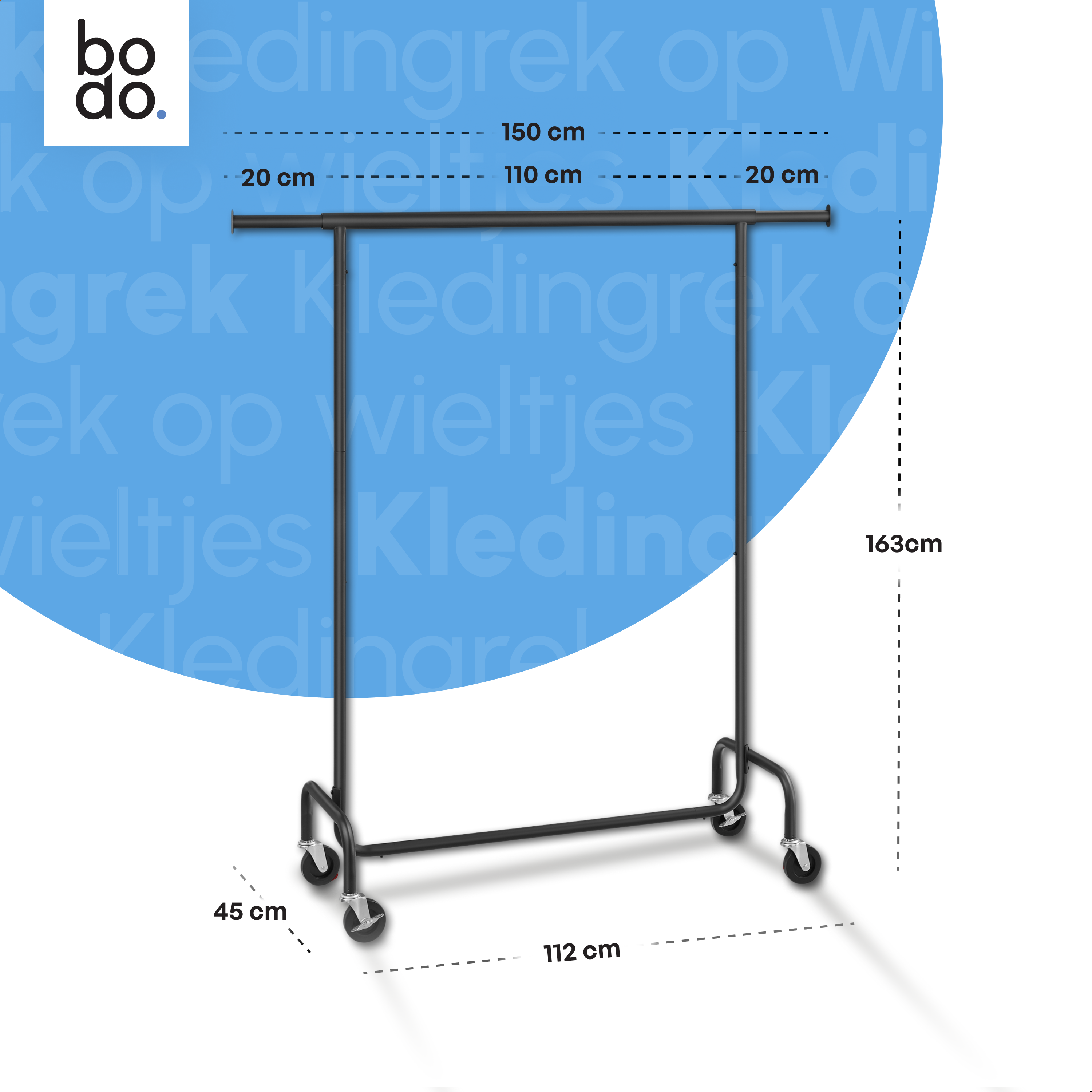 Kledingrek op Wieltjes - Stalen Kledingstang - 130 kg - Zwart