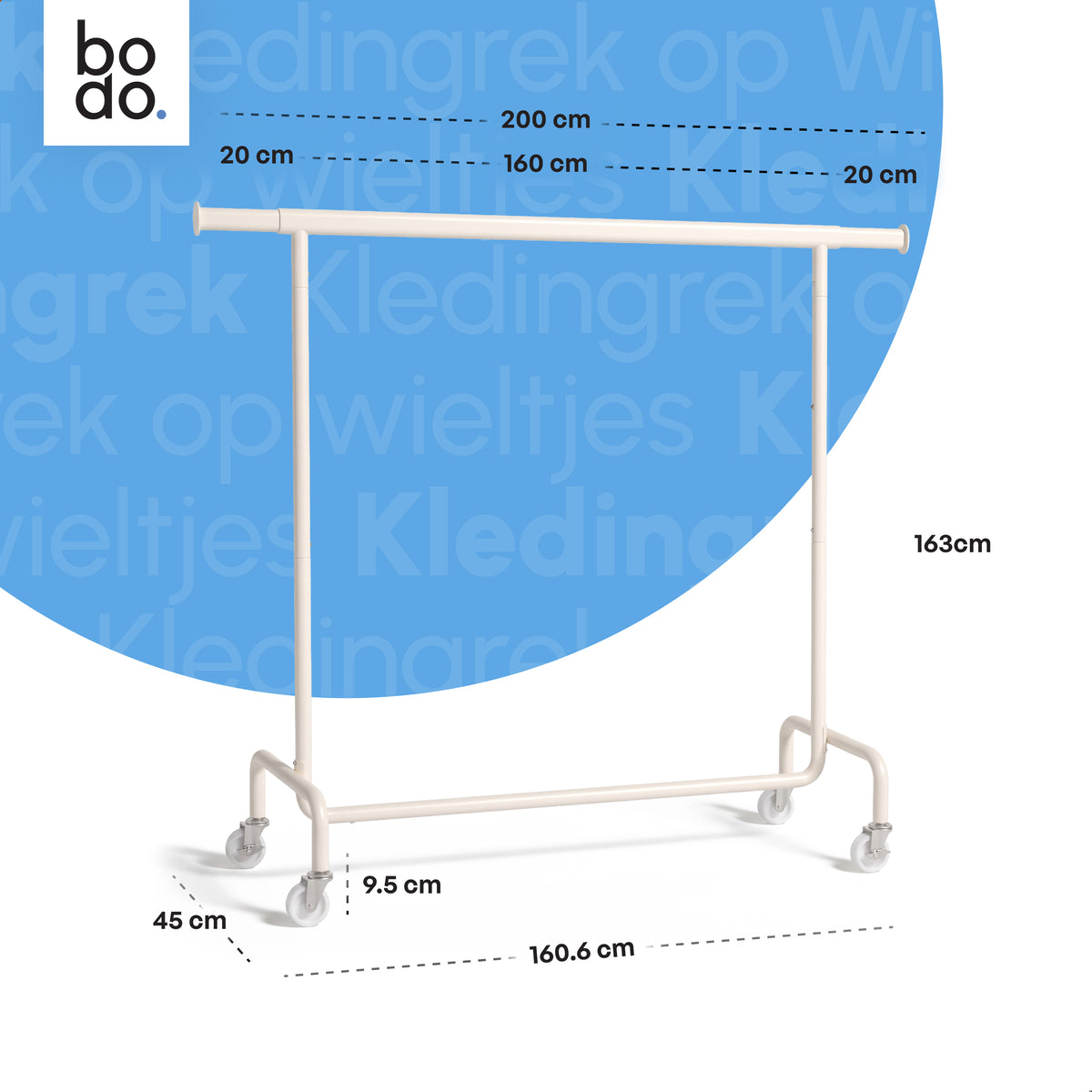 Kledingrek op Wieltjes - Stalen Kledingstang - 110 kg - Crème