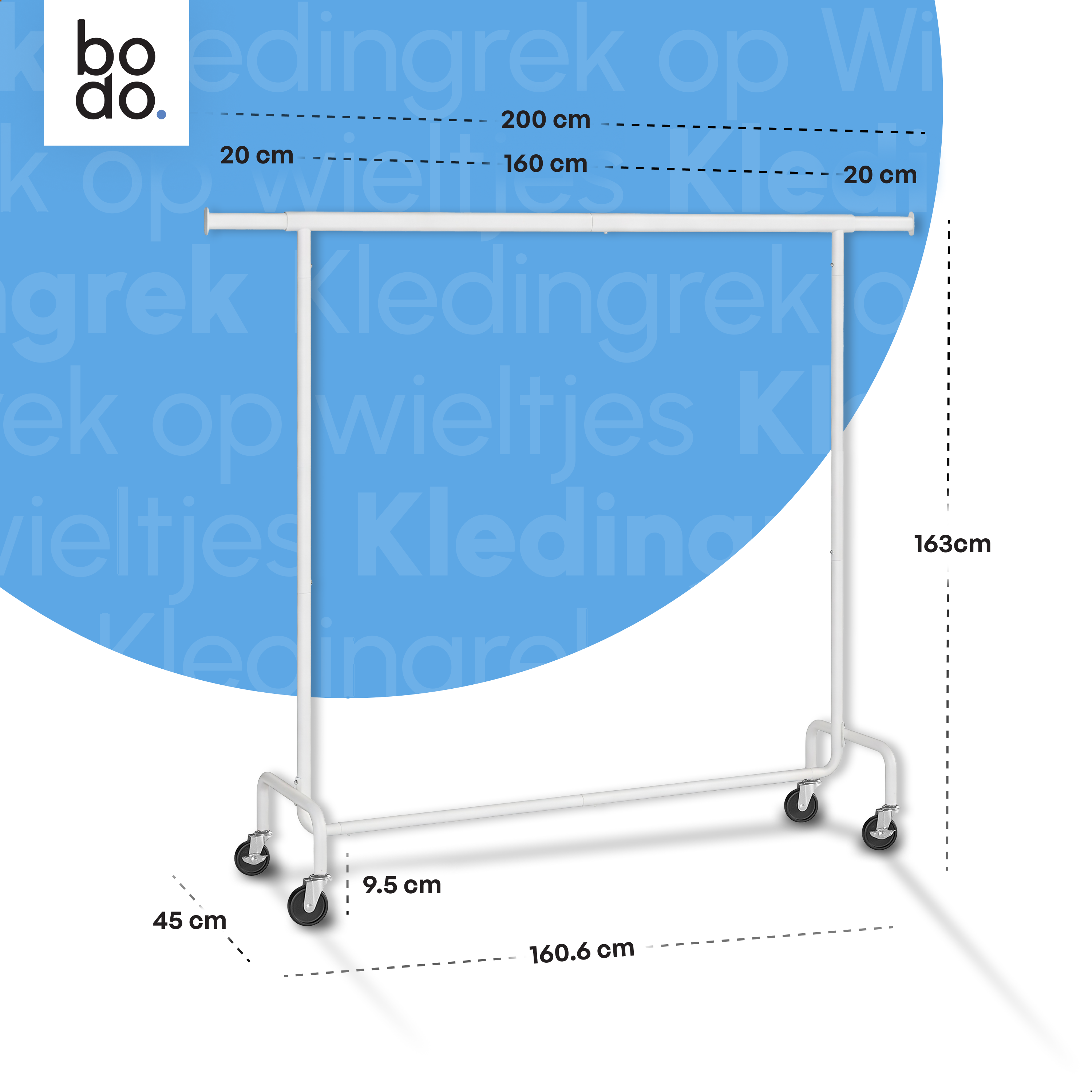 Kledingrek op Wieltjes - Extra Breed - Stalen Kledingstang - Wit