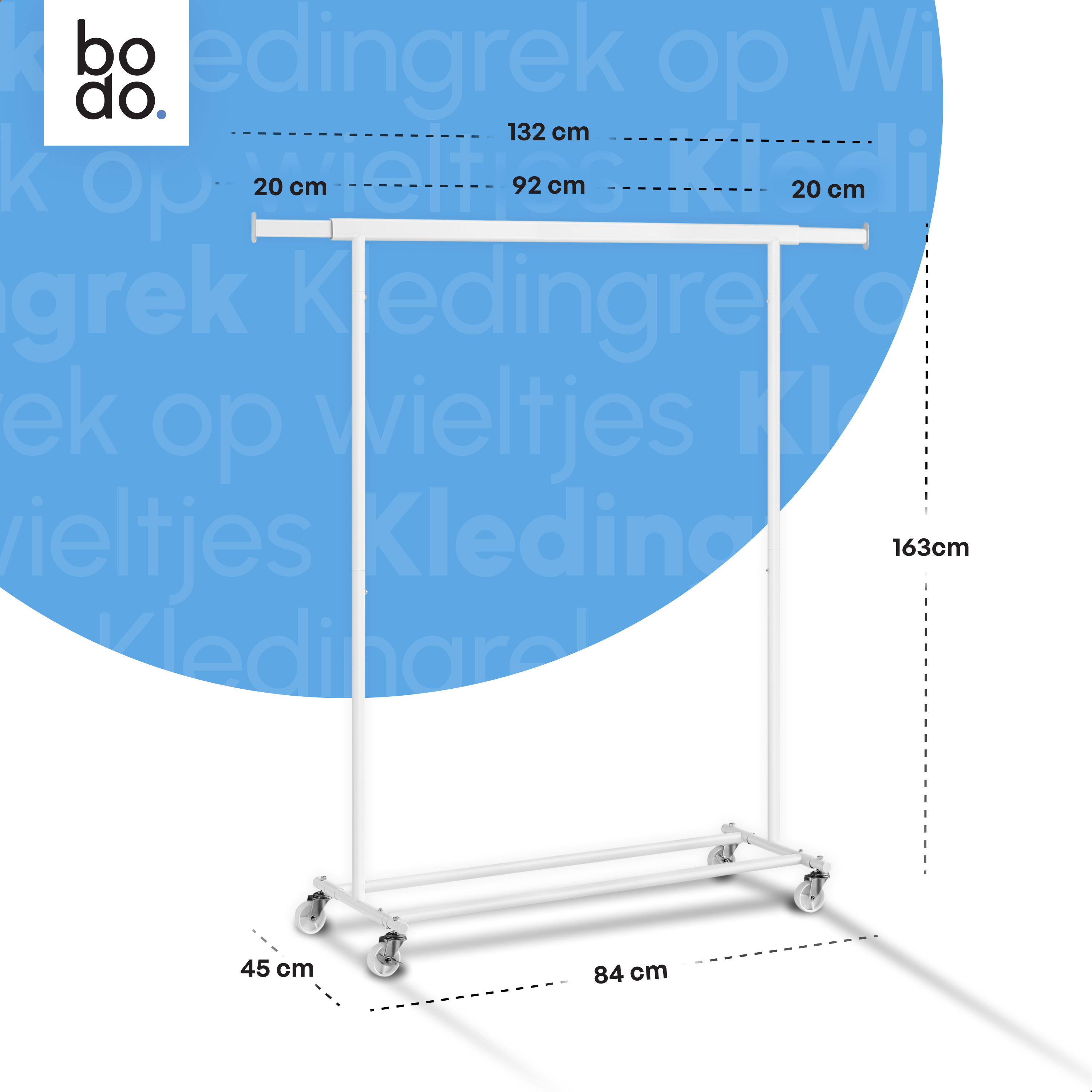 Kledingrek op Wieltjes - Stalen Kledingstang - Opbergruimte - Wit
