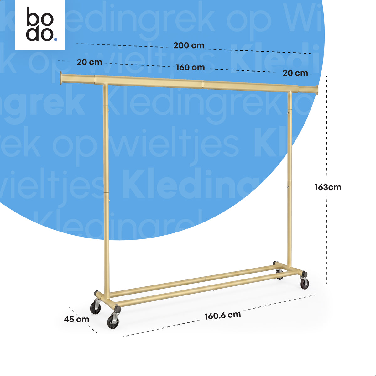 Kledingrek op Wieltjes - Opbergruimte - Extra Brede Kledingstang - Goud