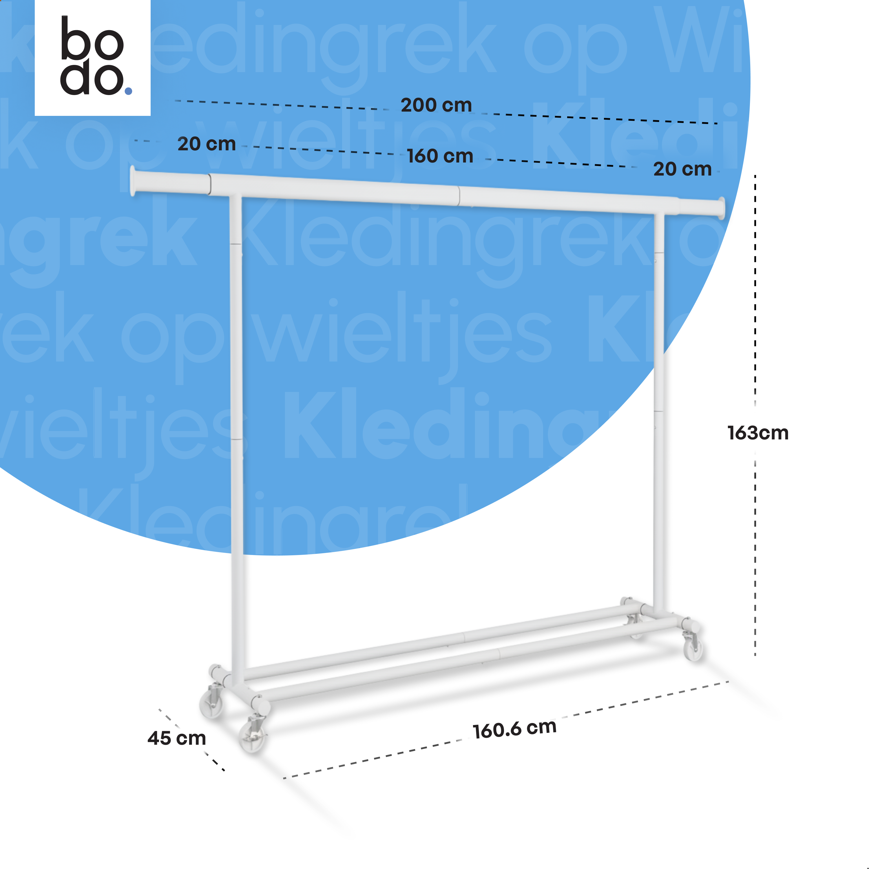 Kledingrek op Wieltjes - Opbergruimte - Extra Brede Kledingstang - Wit