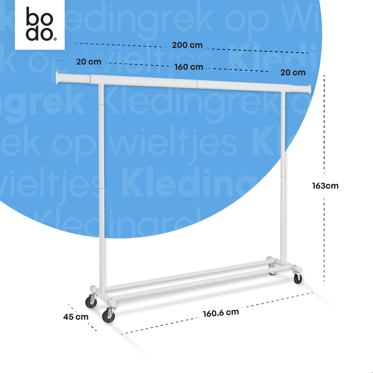 Kledingrek op Wieltjes - Opbergruimte - Extra Brede Kledingstang - Wit