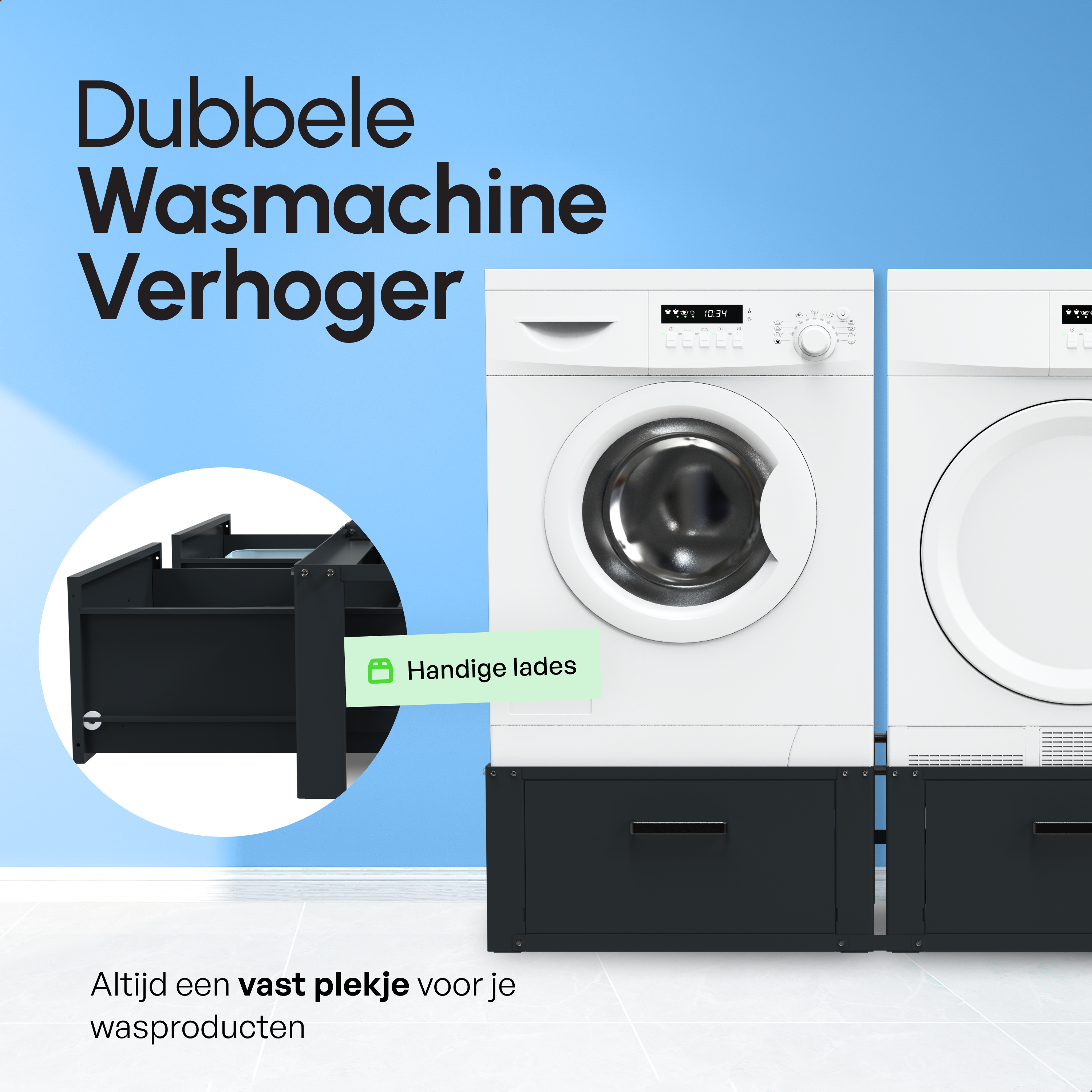 Wasmachine Verhoger - Dubbele Verhoger Met Opberglade - Zwart