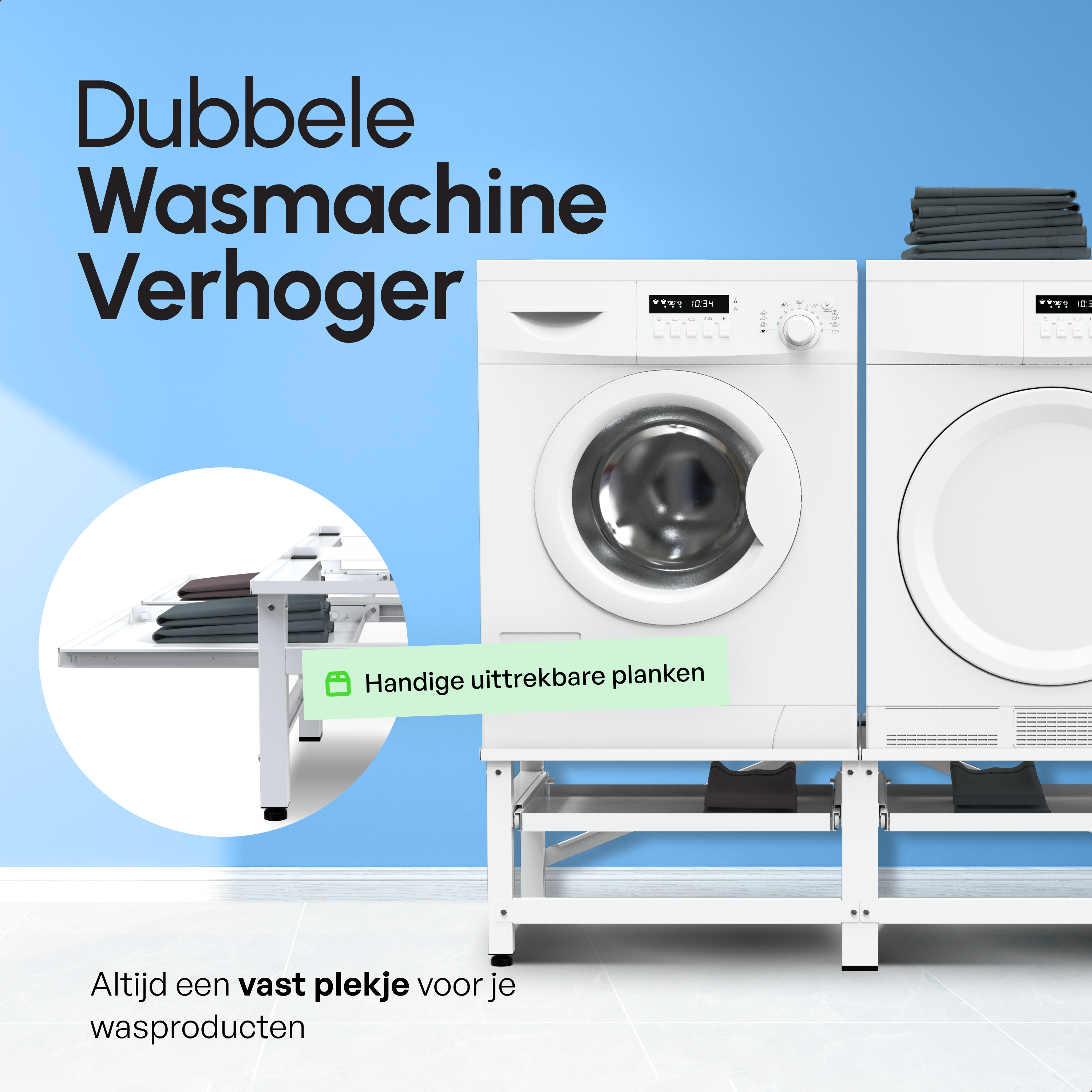 Wasmachine Verhoger - Dubbele Verhoger Met Uitschuifbare plank - Wit