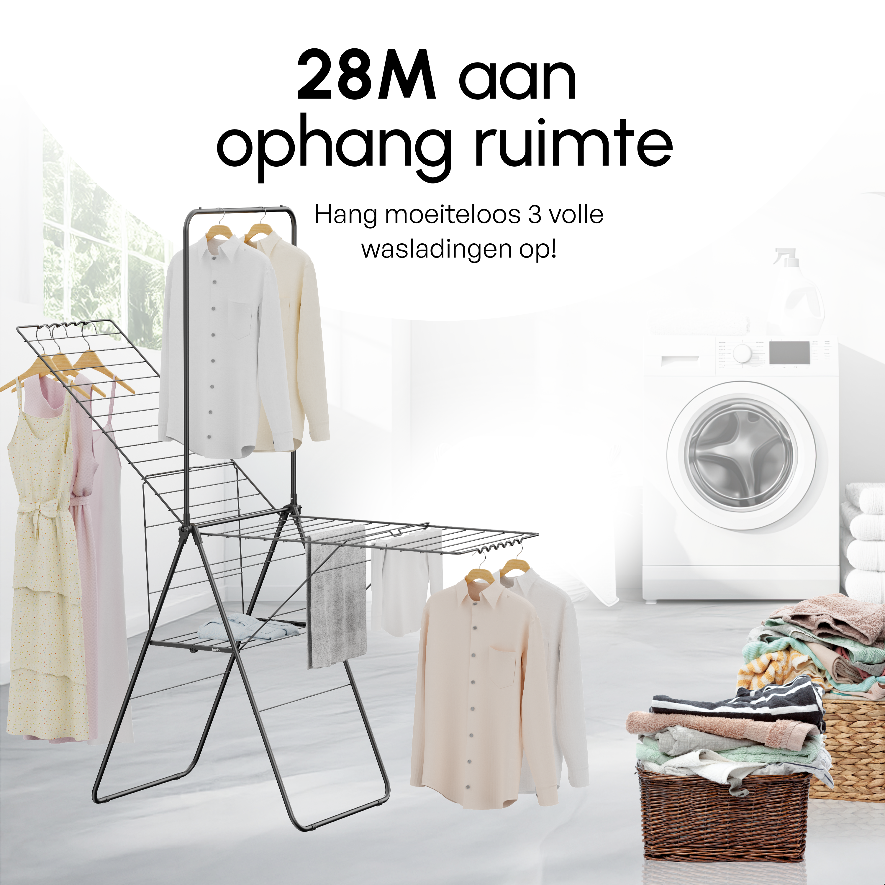 Wasrek - Droogrek Inklapbaar - 28 meter drooglengte - Zwart