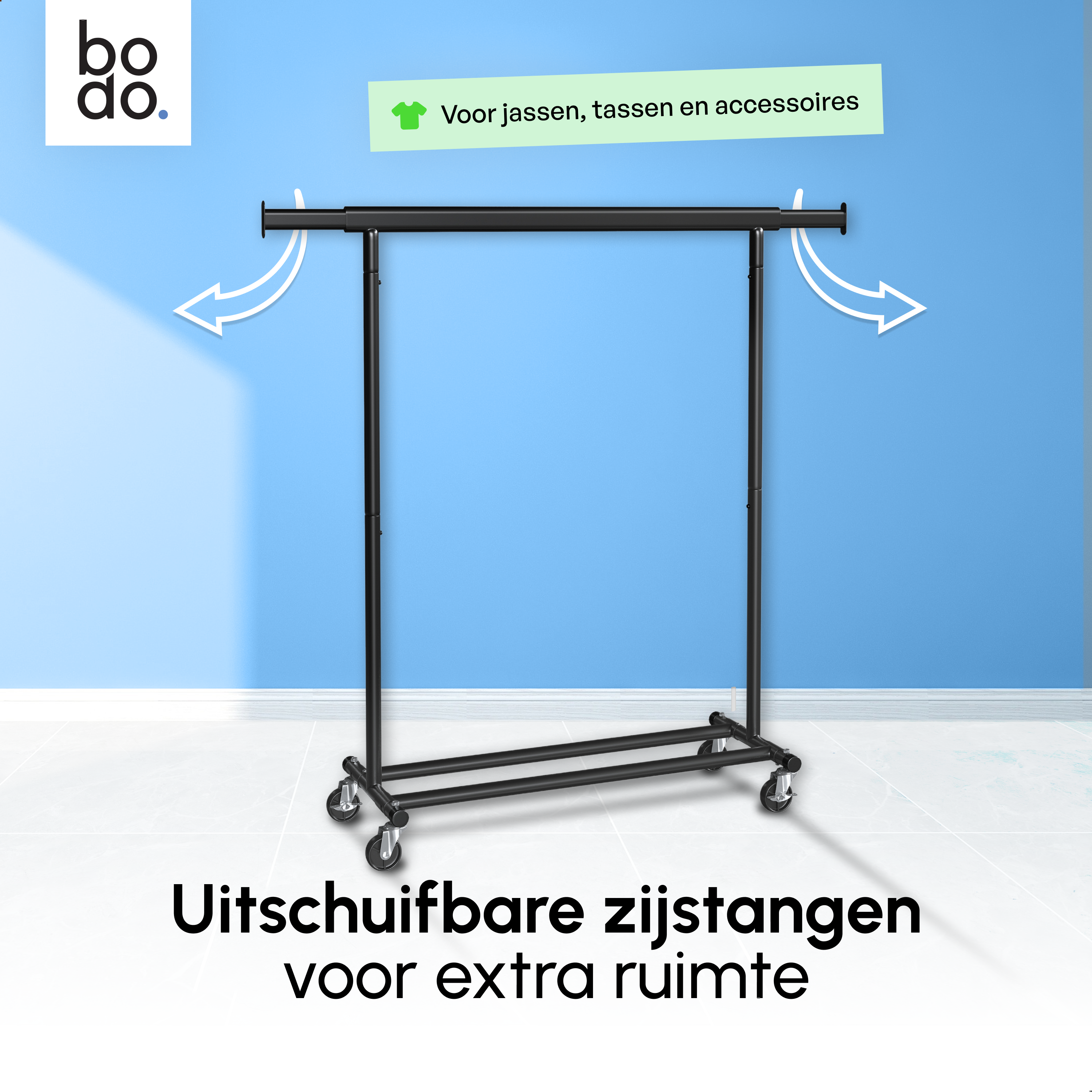 Kledingrek op Wieltjes - Stalen Kledingstang - Opbergruimte - Zwart