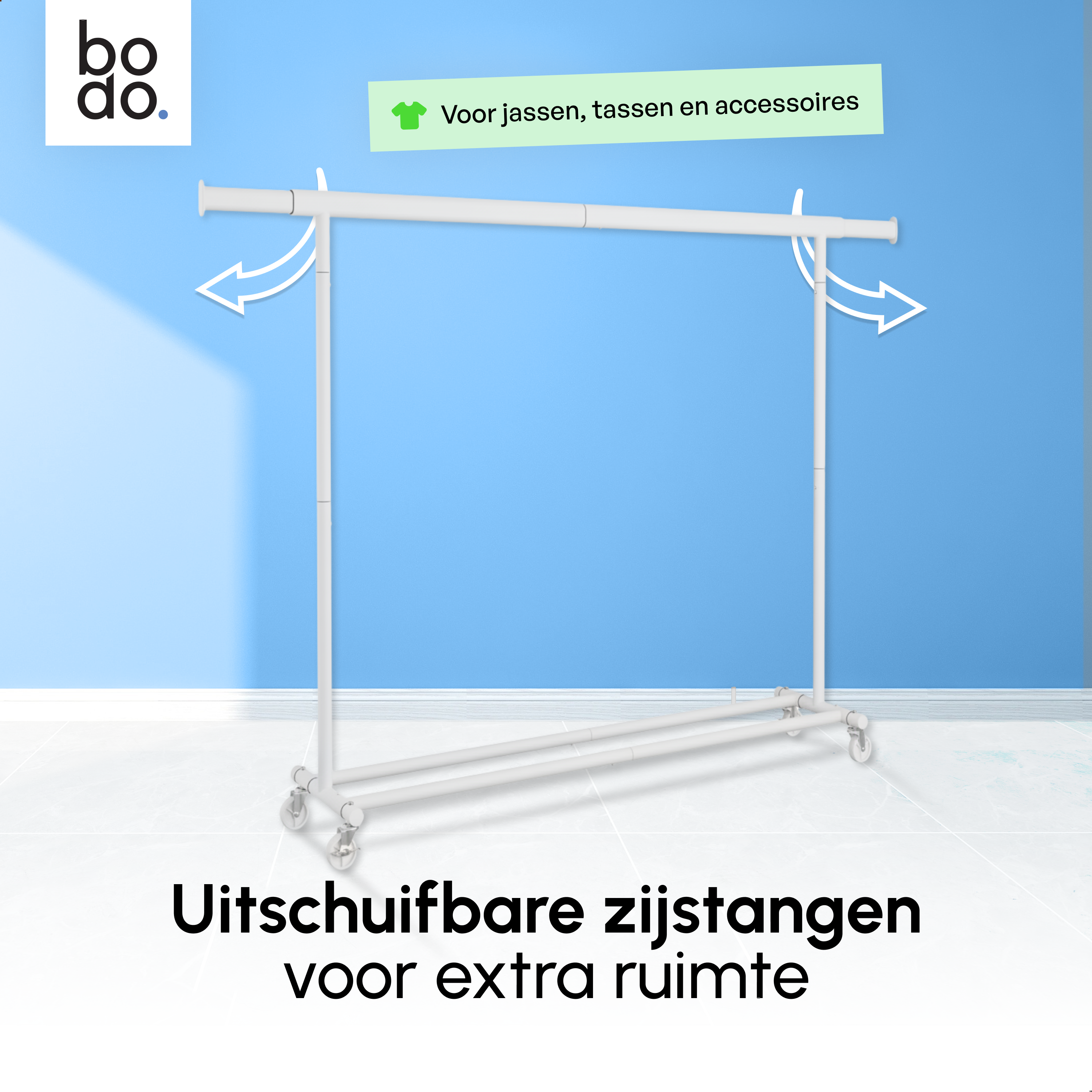 Kledingrek op Wieltjes - Opbergruimte - Extra Brede Kledingstang - Wit