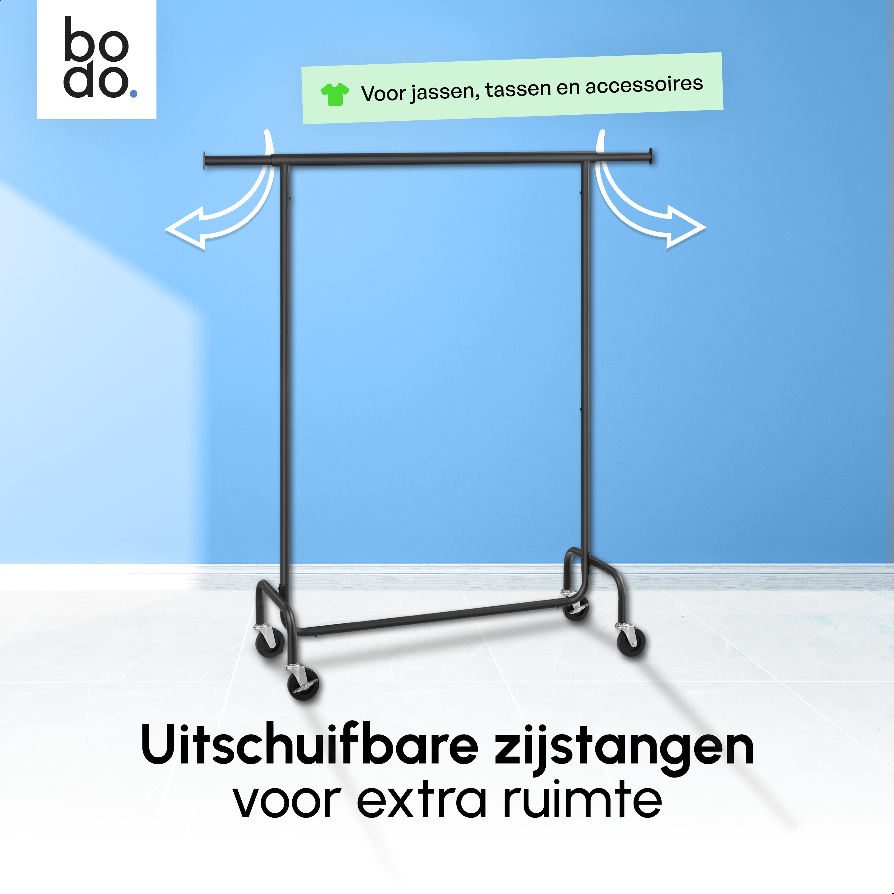 Kledingrek op Wieltjes - Stalen Kledingstang - 130 kg - Zwart