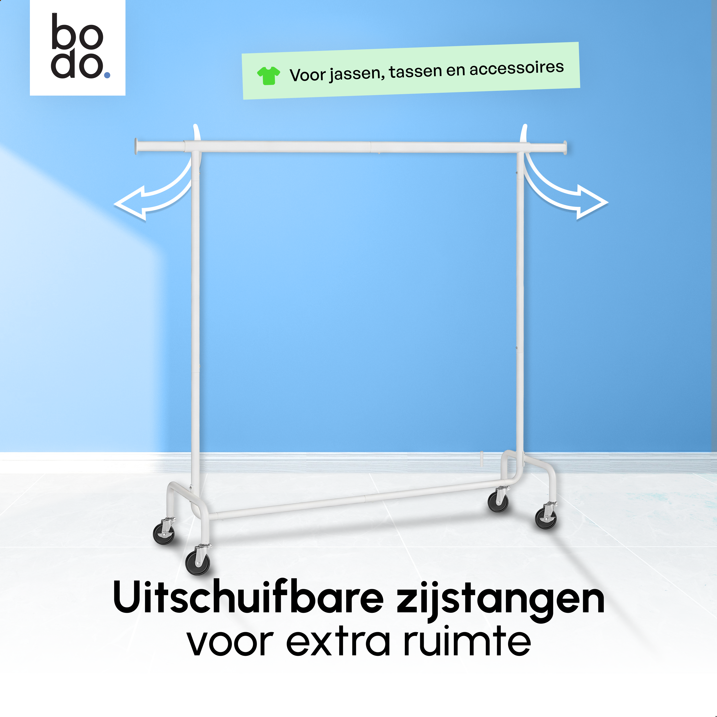 Kledingrek op Wieltjes - Extra Breed - Stalen Kledingstang - Wit