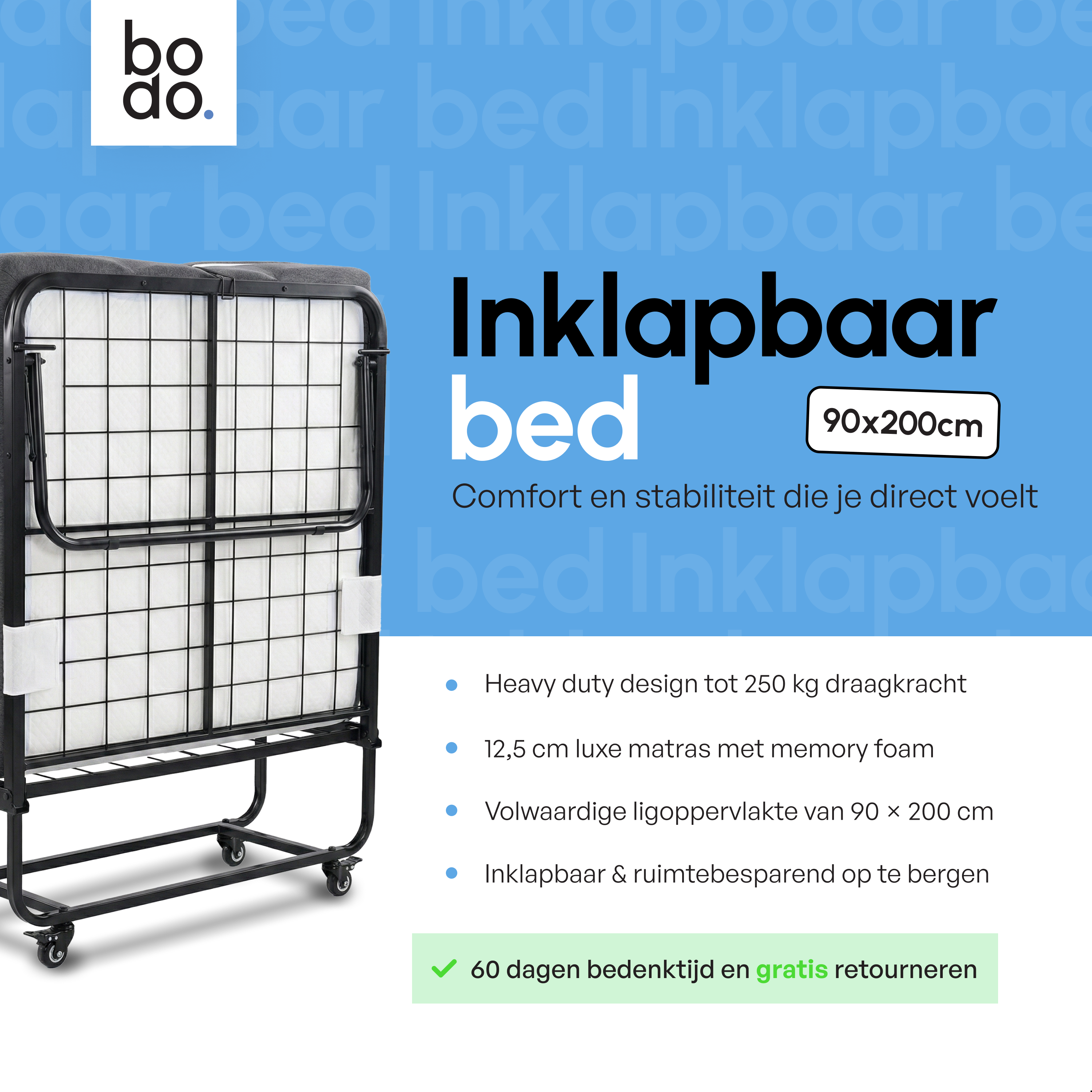 Logeerbed 90×200 met Matras - Vouwbed - Luxe - 250 kg - Zwart