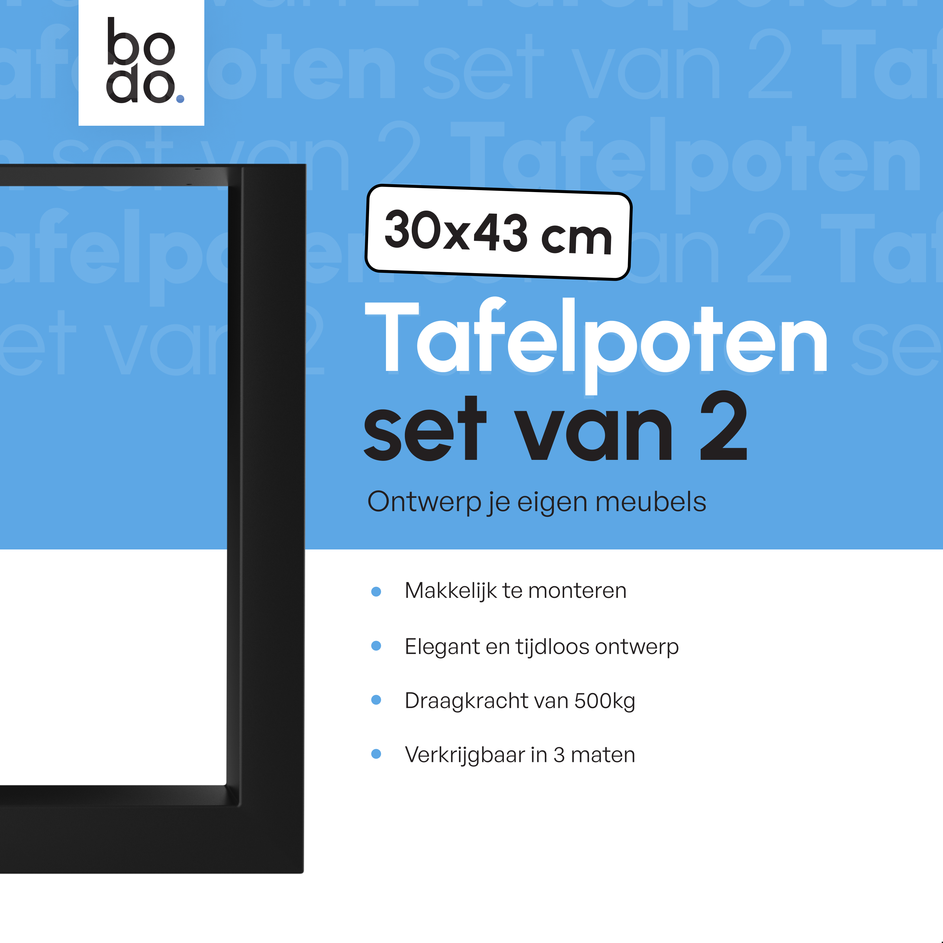 Stalen Onderstel Tafel - Tafelpoten - Set van 2 - U bankpoot 30x43 cm - Mat Zwart