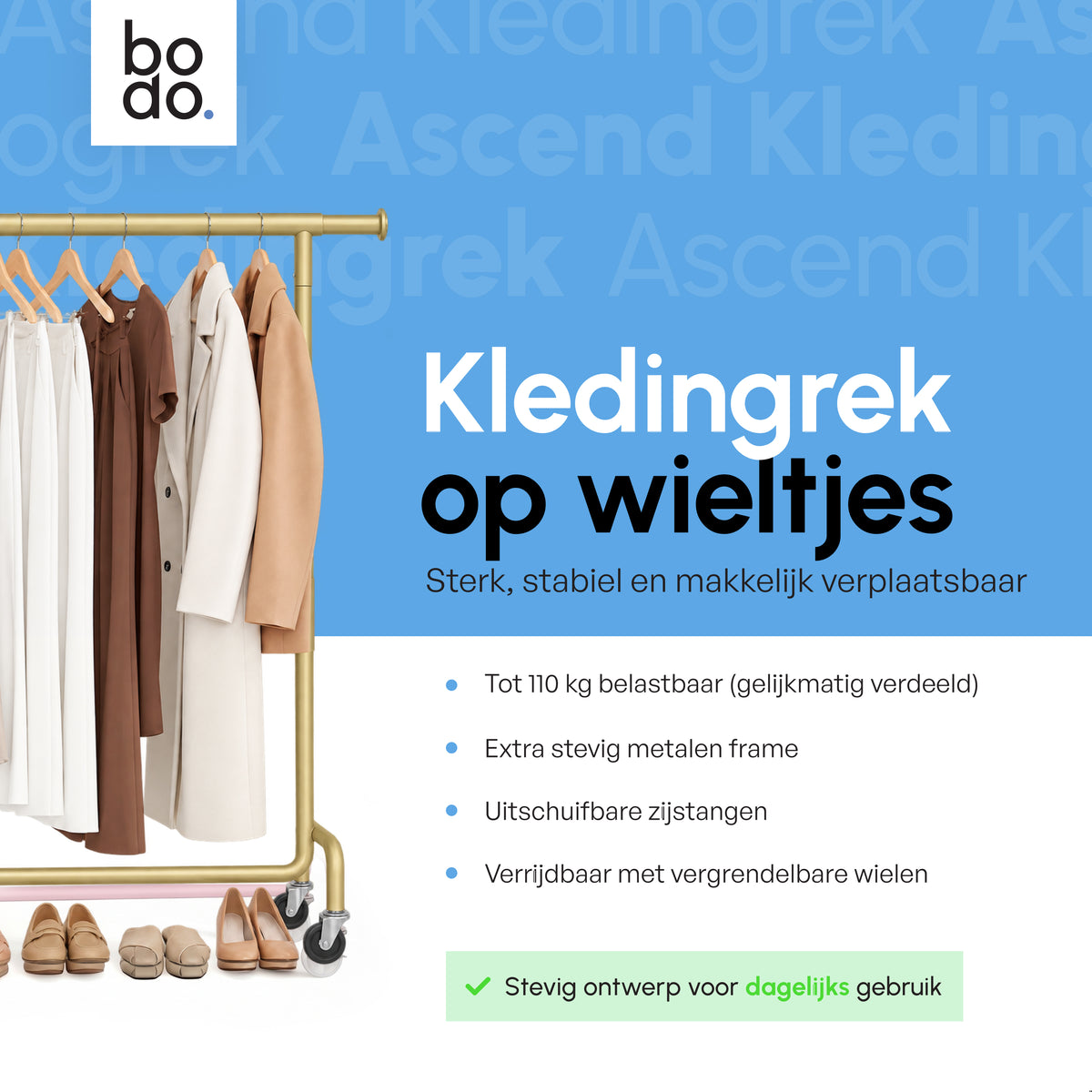 Kledingrek op Wieltjes - Extra Breed - Stalen Kledingstang - Goud