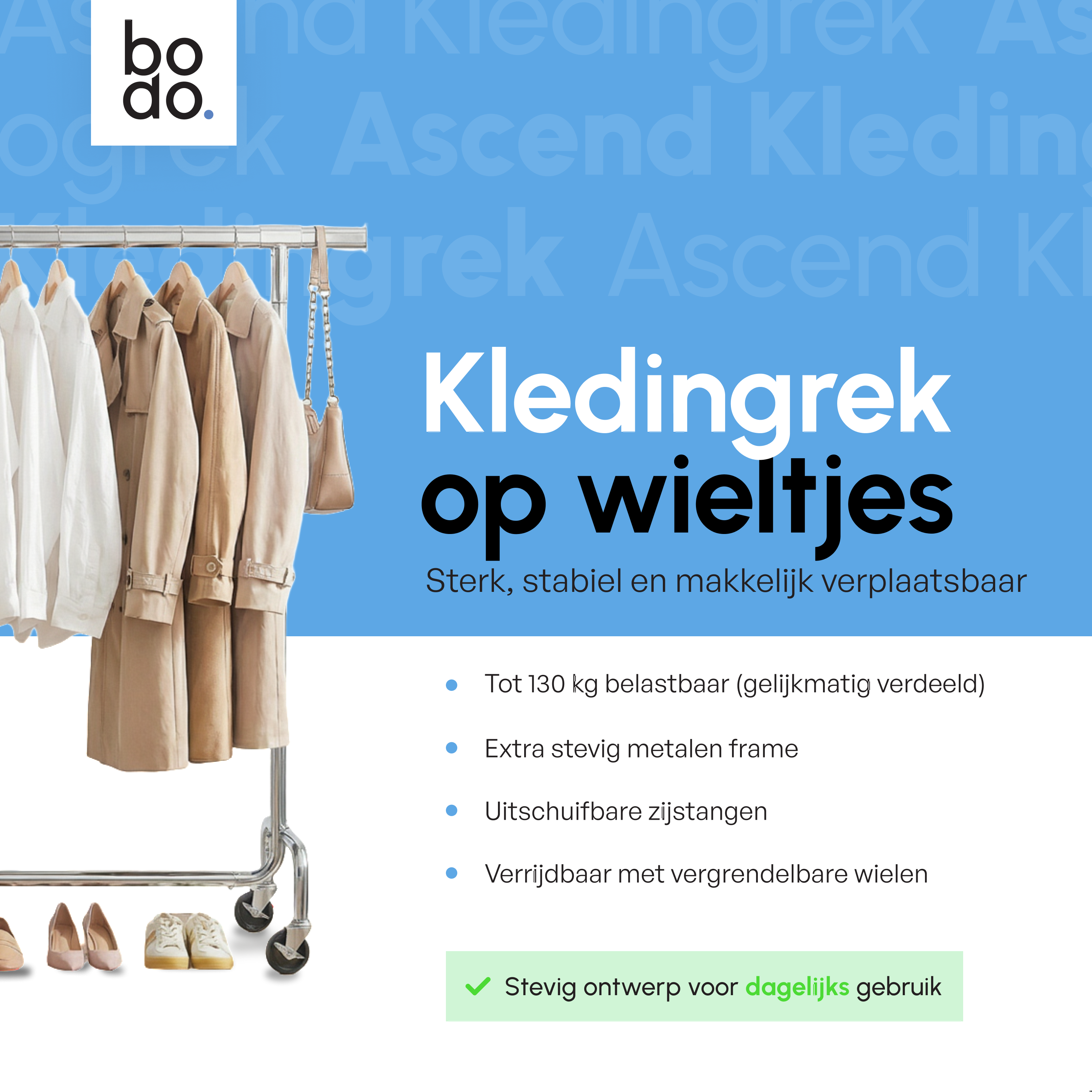 Kledingrek op Wieltjes - Stalen Kledingstang - 130 kg - Zilver