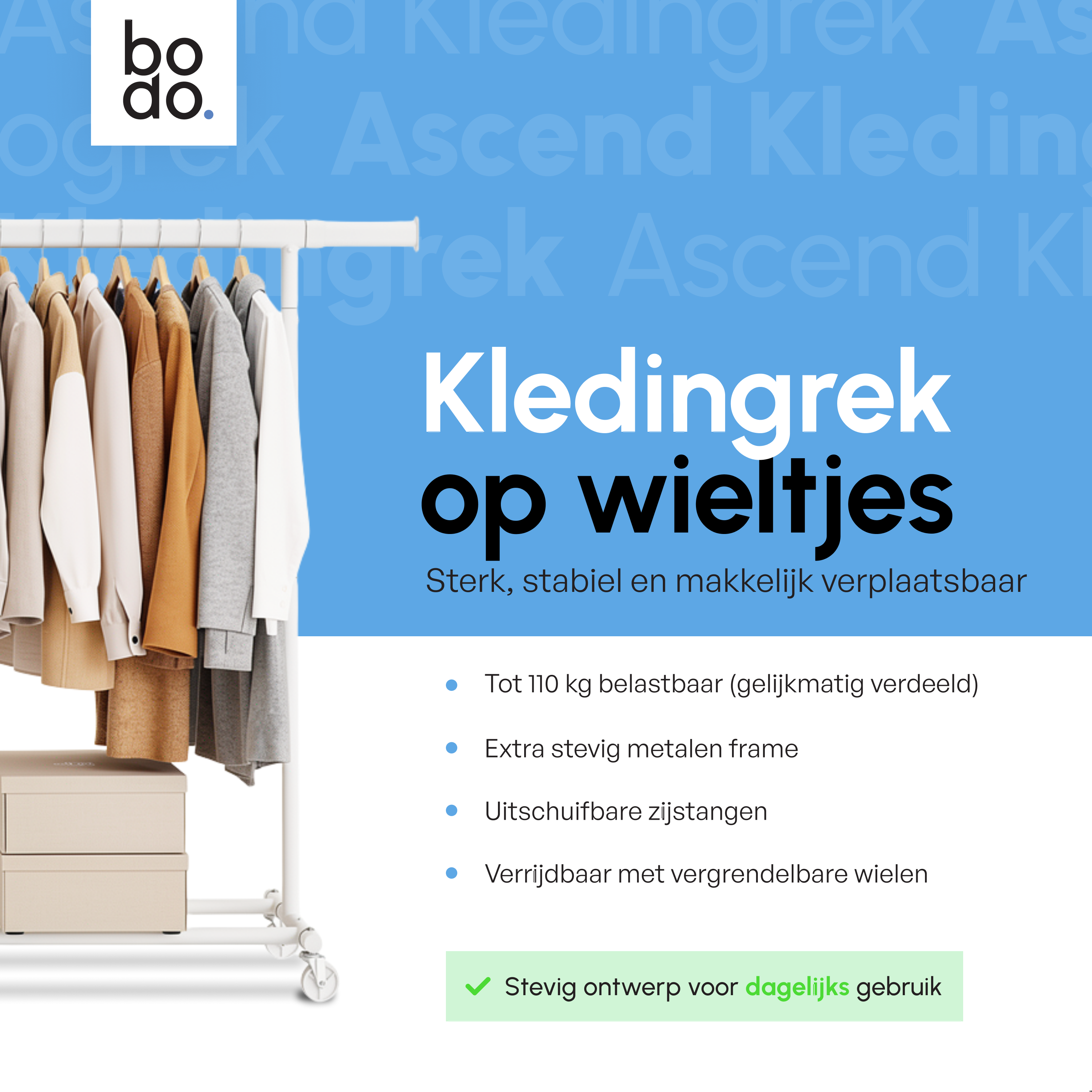 Kledingrek op Wieltjes - Opbergruimte - Extra Brede Kledingstang - Wit