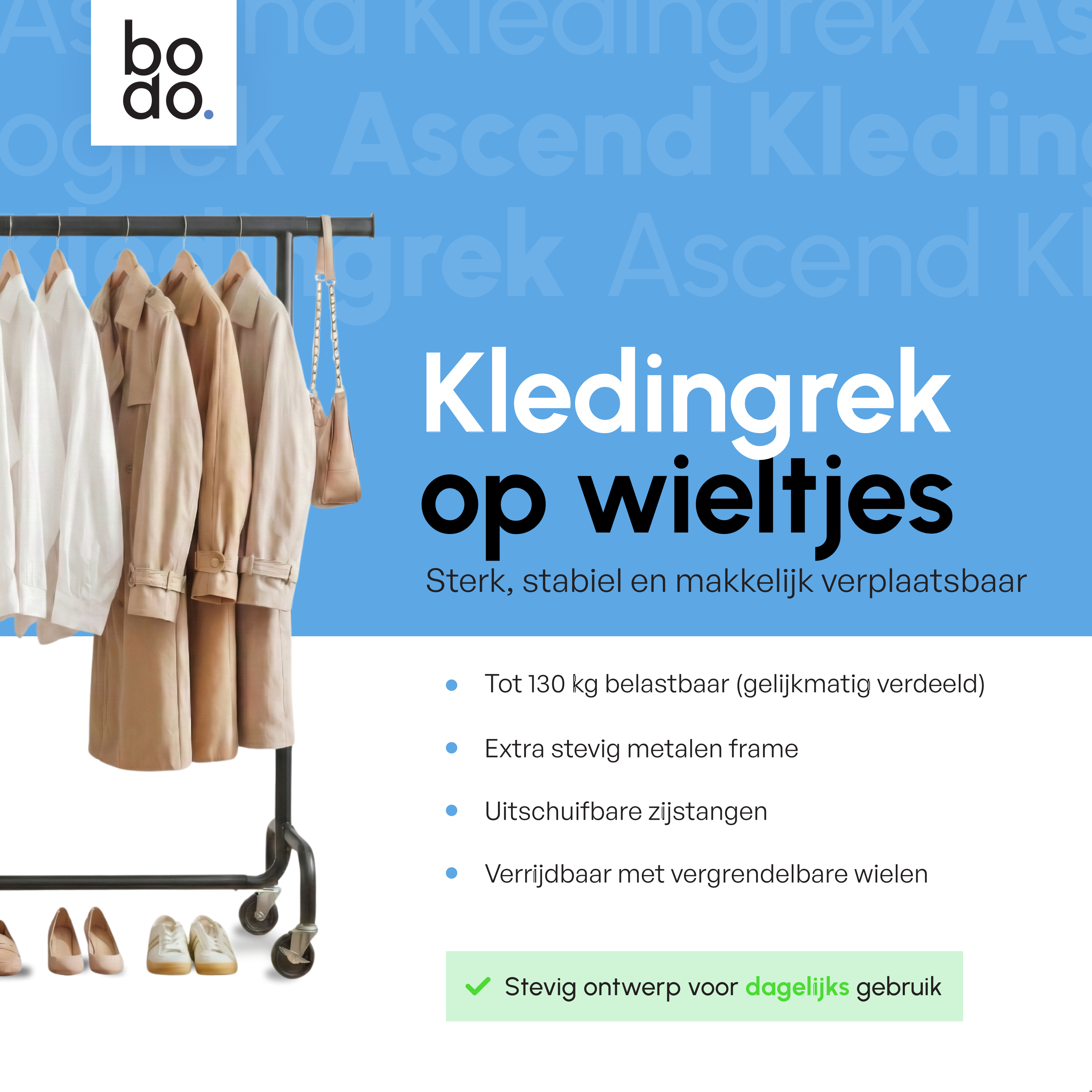 Kledingrek op Wieltjes - Stalen Kledingstang - 130 kg - Zwart