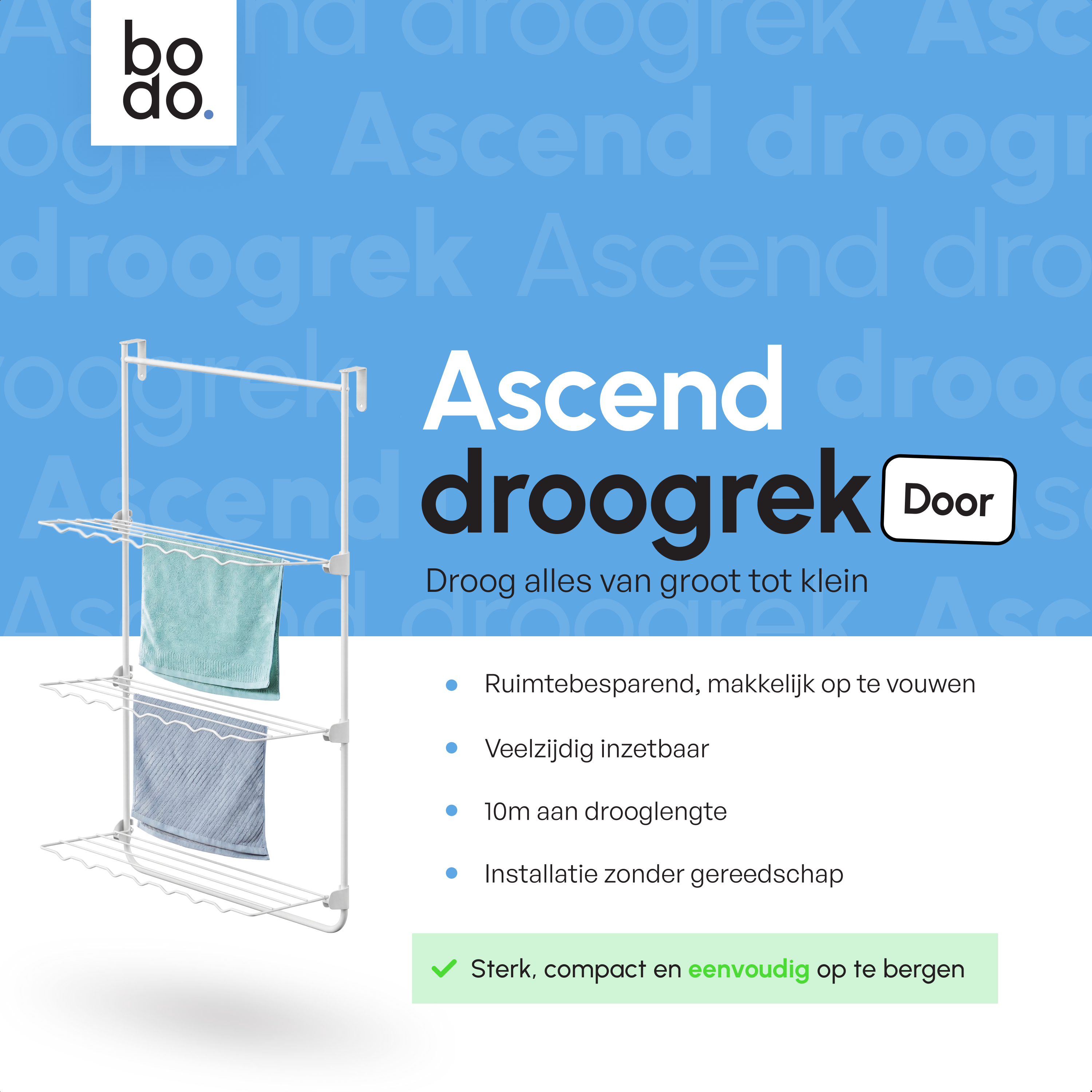 Droogrek Hangend - 10m - Ophangbaar aan Deur of Wand - Wit