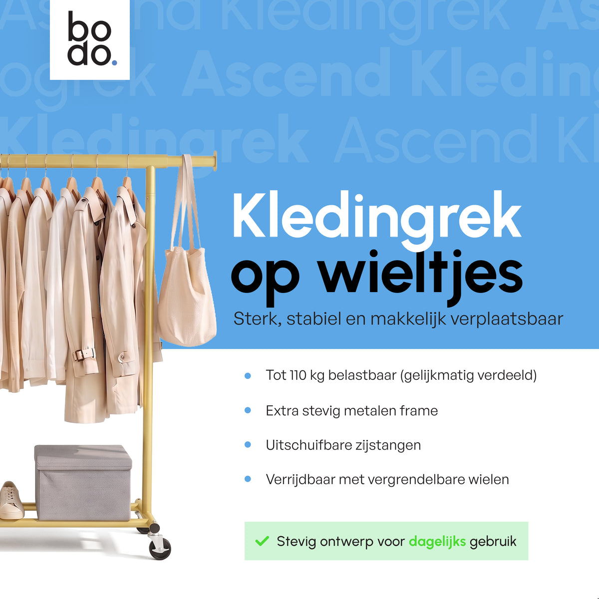Kledingrek op Wieltjes - Stalen Kledingstang - Opbergruimte - Goud