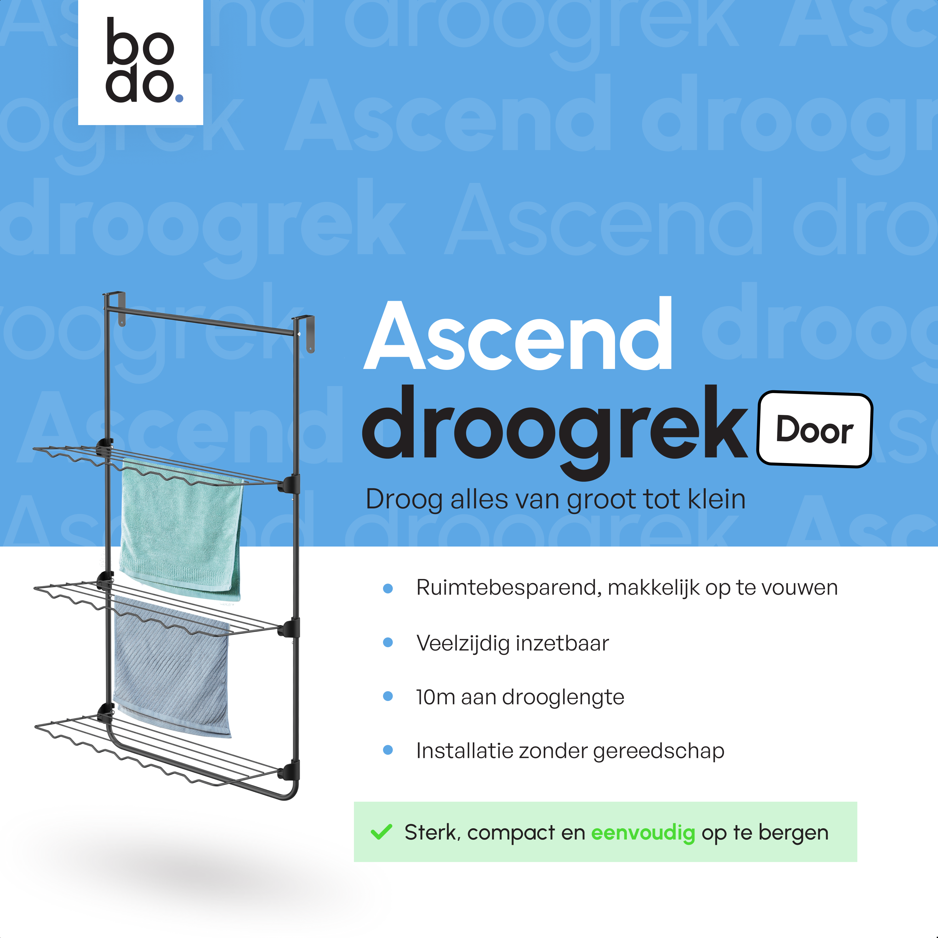 Droogrek Hangend - 10m - Ophangbaar aan Deur of Wand - Zwart