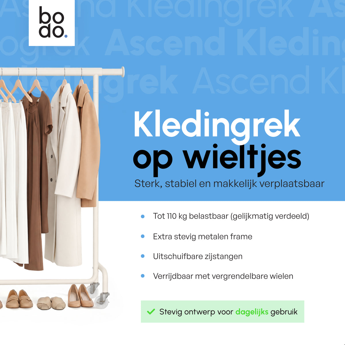 Kledingrek op Wieltjes - Stalen Kledingstang - 110 kg - Crème