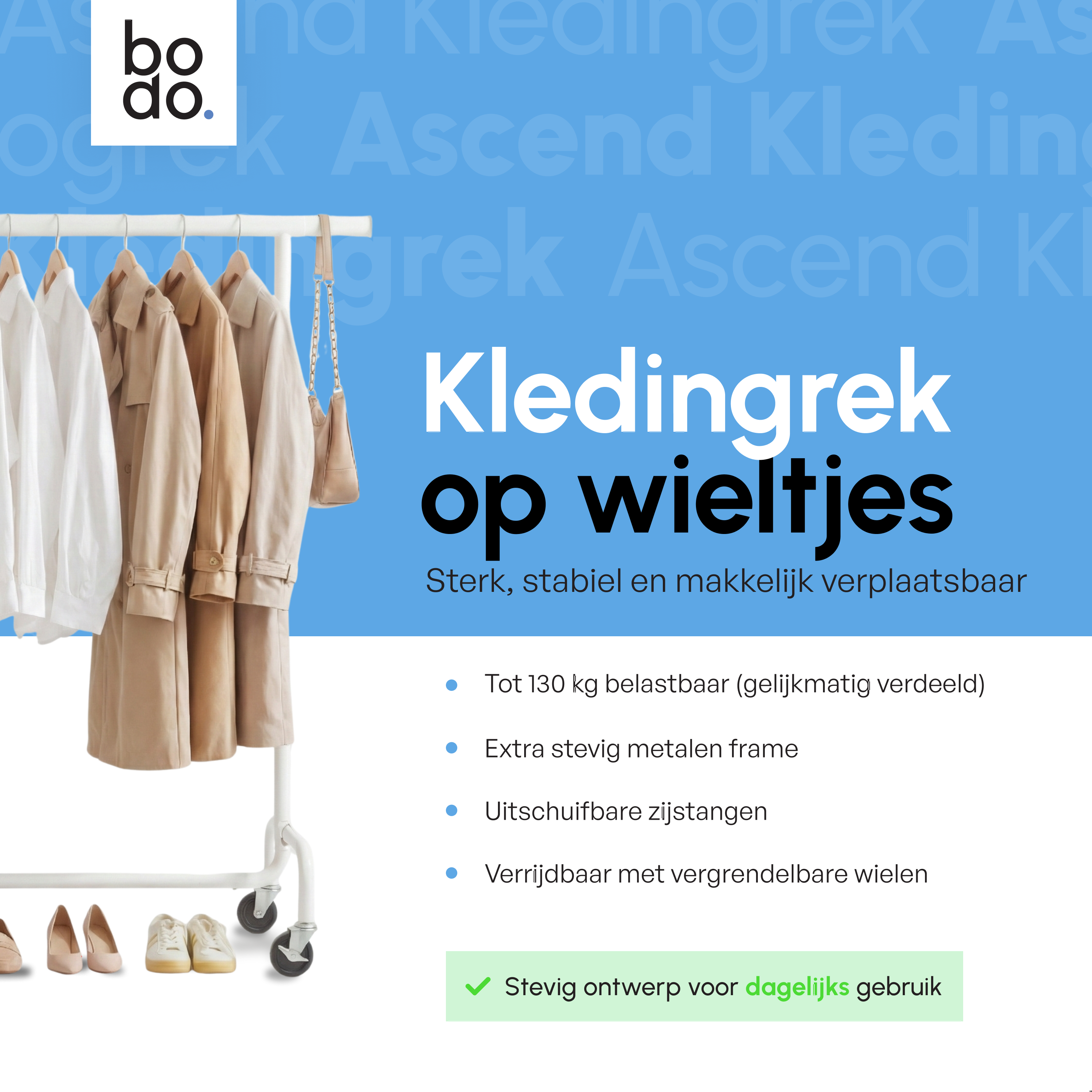 Kledingrek op Wieltjes - Stalen Kledingstang - 130 kg - Wit