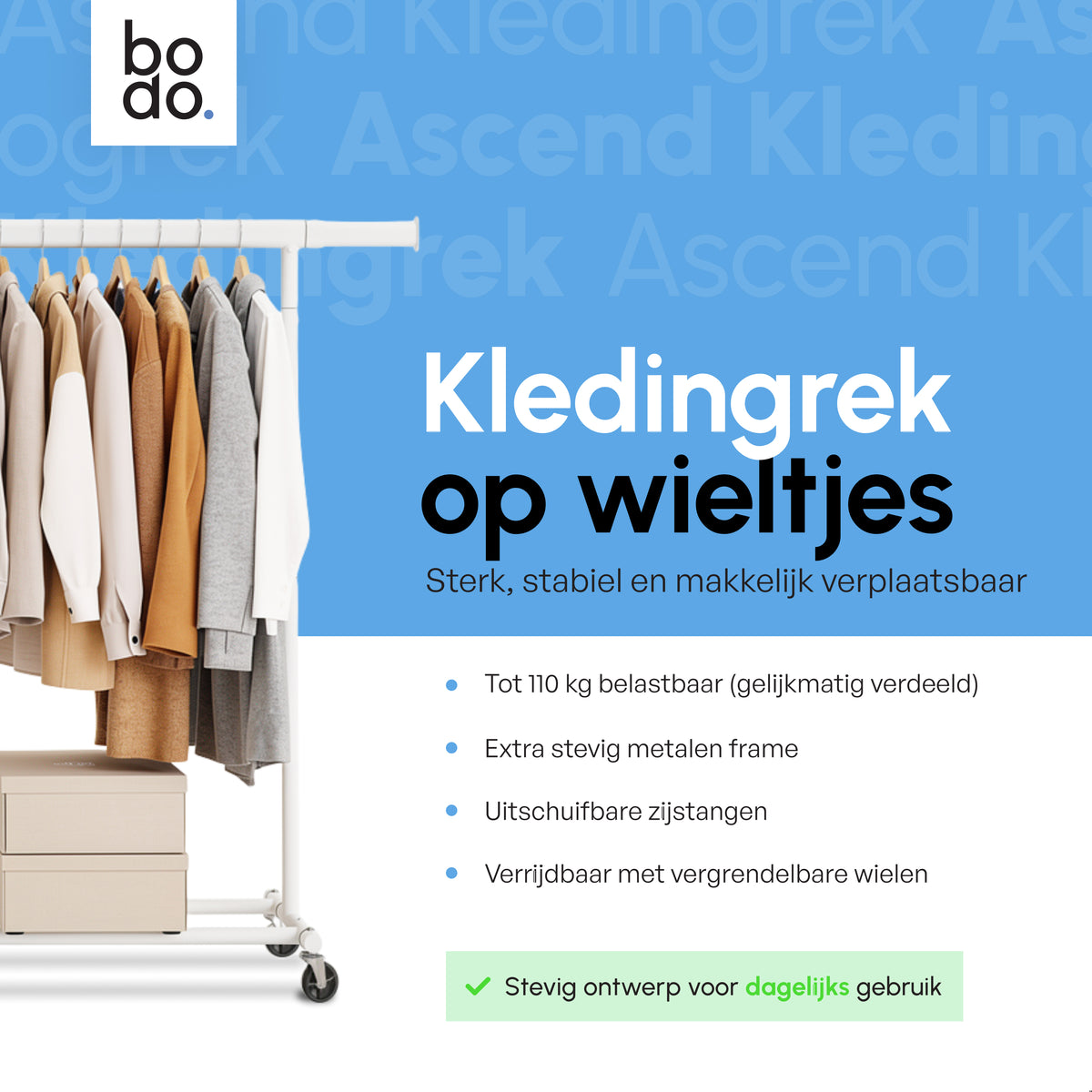 Kledingrek op Wieltjes - Opbergruimte - Extra Brede Kledingstang - Wit